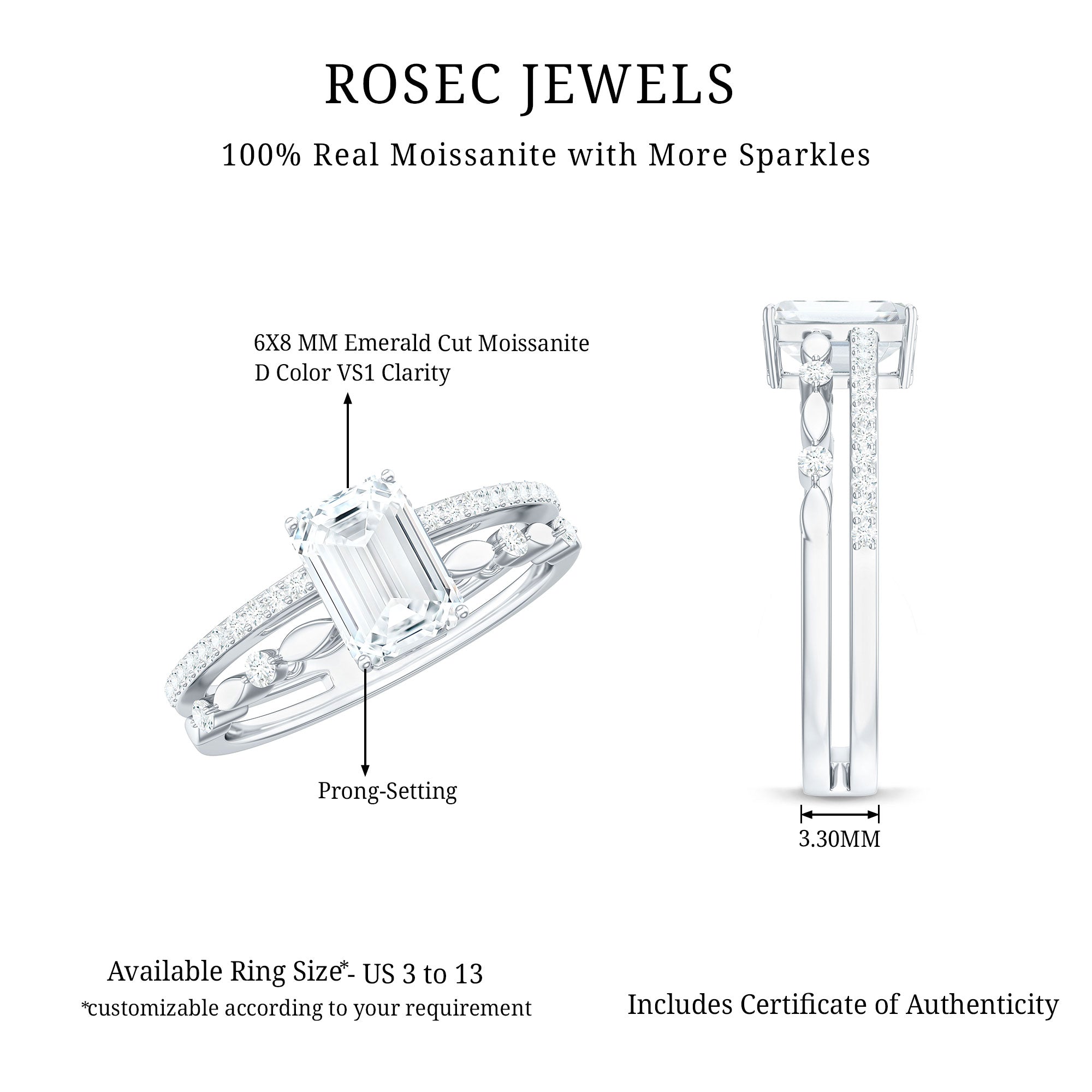 Rosec Jewels-6X8 mm Emerald Cut Moissanite Solitaire Engagement Double Band Ring