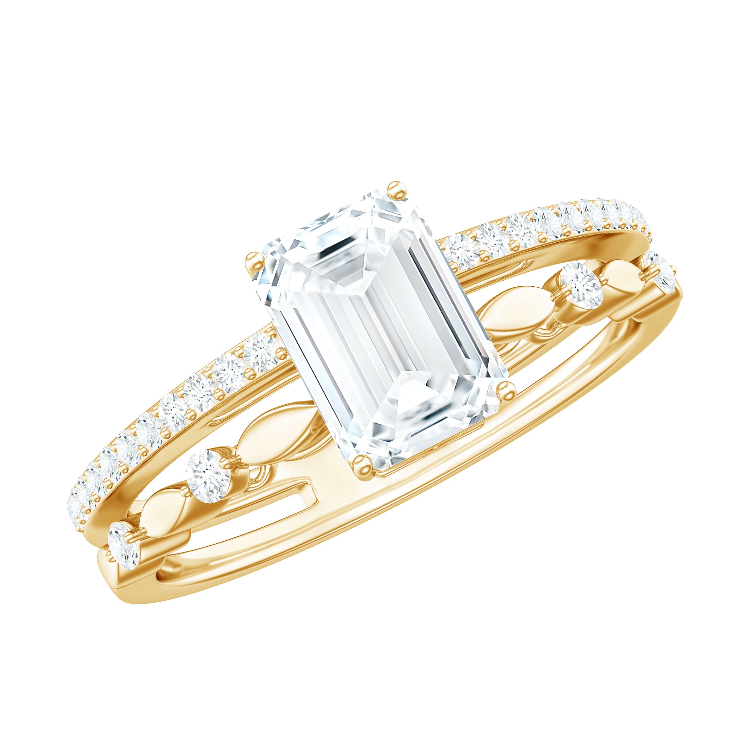 Rosec Jewels-6X8 mm Emerald Cut Moissanite Solitaire Engagement Double Band Ring