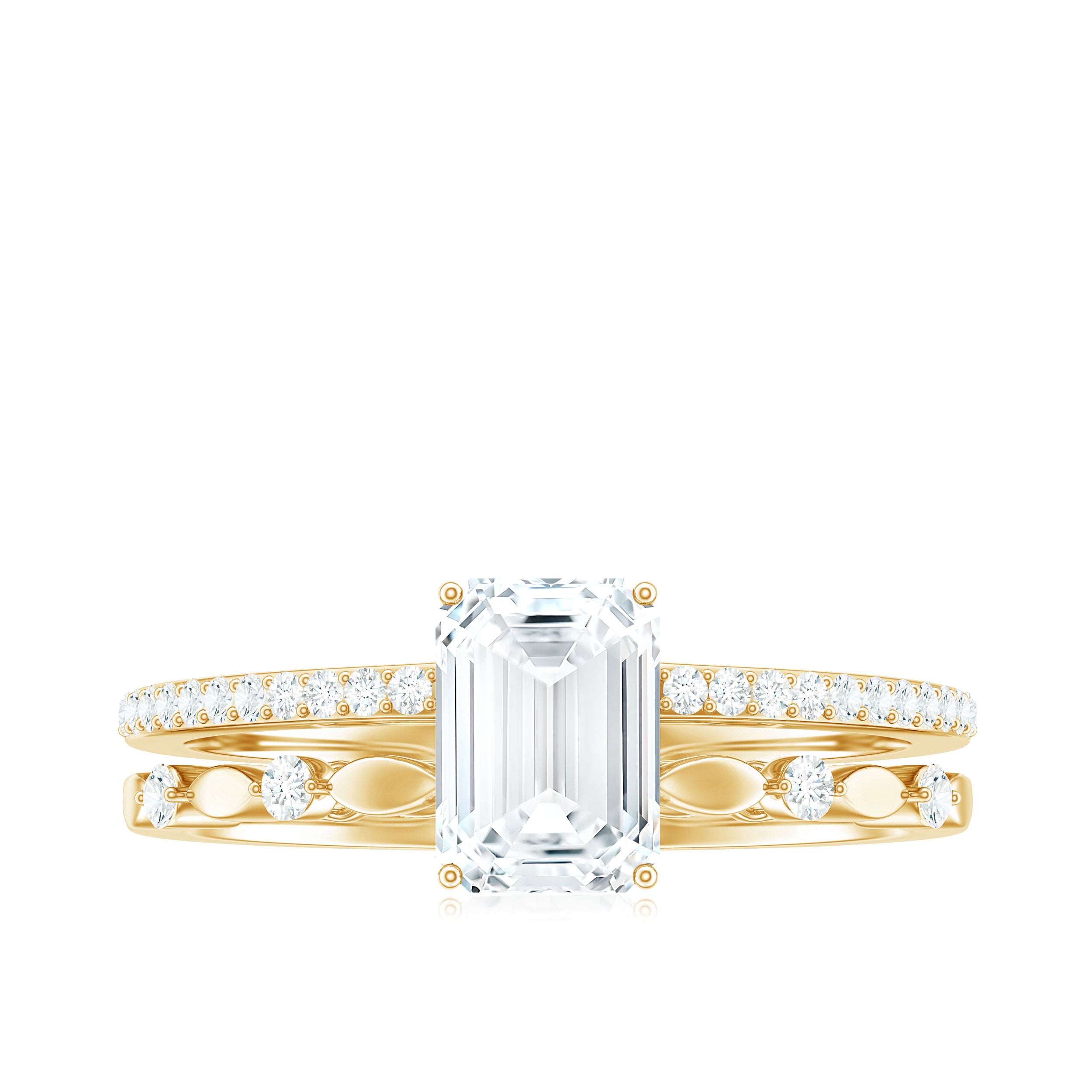 Rosec Jewels-6X8 mm Emerald Cut Moissanite Solitaire Engagement Double Band Ring