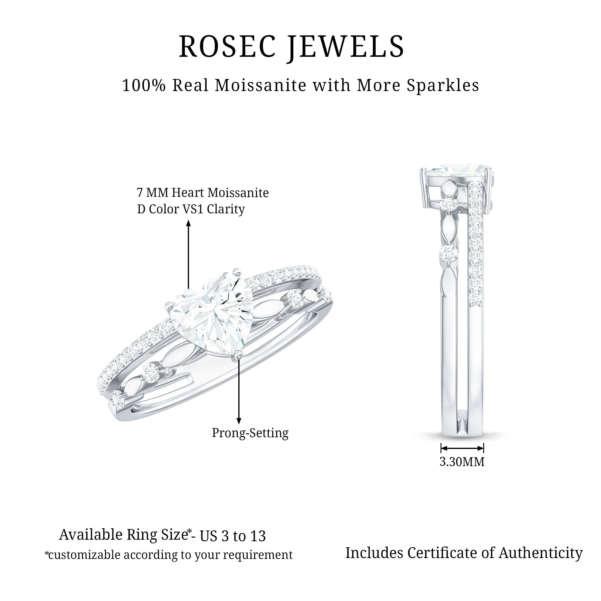7 mm Heart Moissanite Solitaire Double Band Ring Set D-VS1 - Rosec Jewels