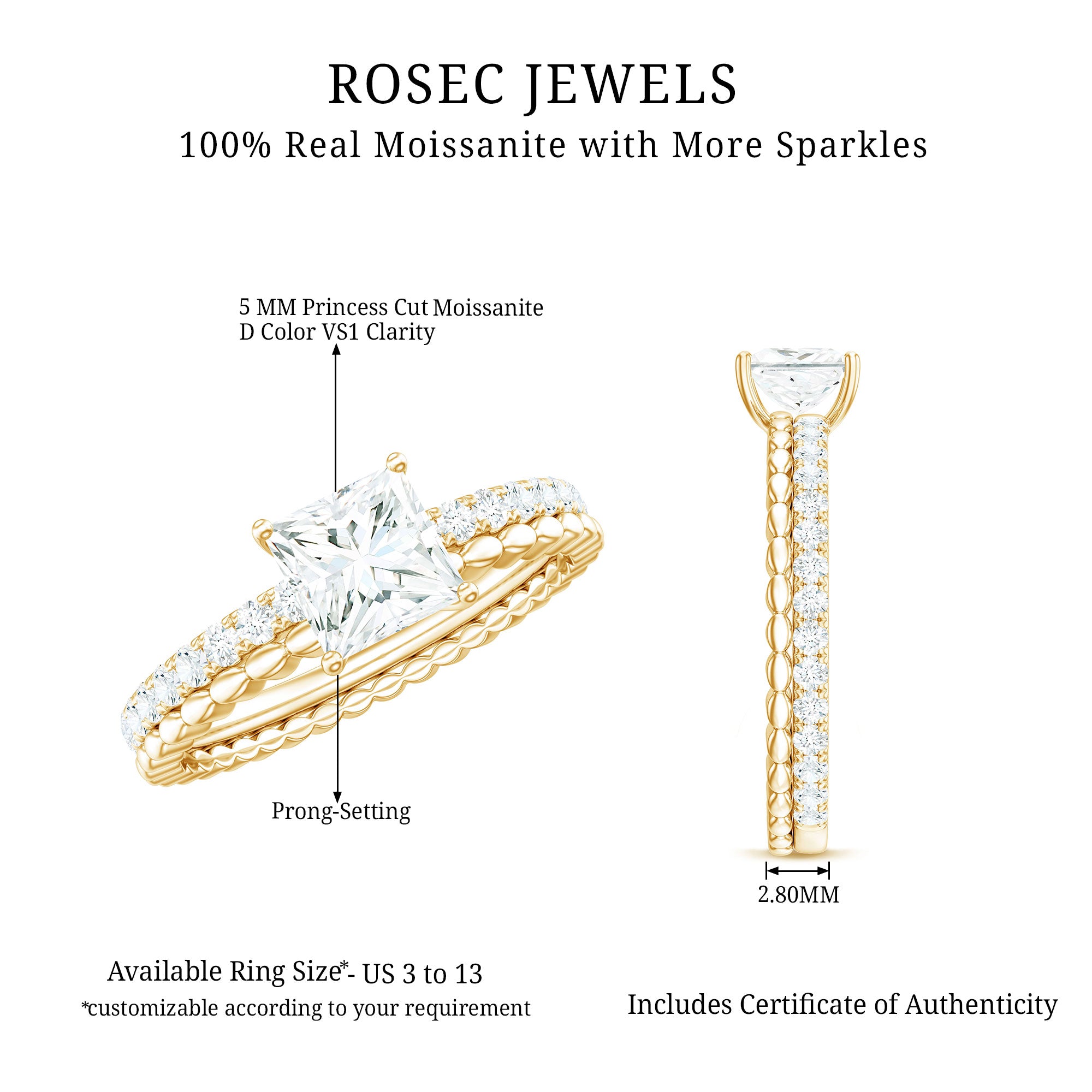 Certified Moissanite Square Cut Engagement Ring For Women D-VS1 - Rosec Jewels