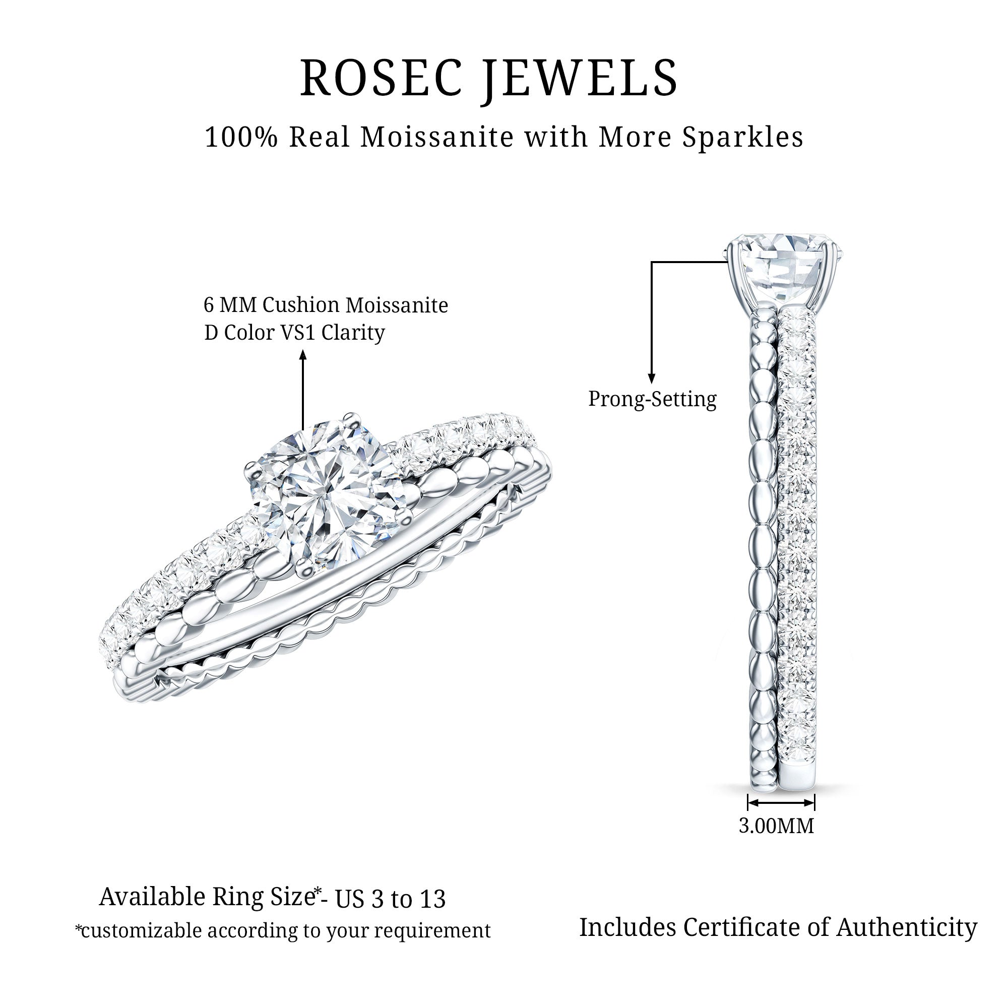 6mm Certified Cushion Cut Moissanite Solitaire Engagement Ring D-VS1 - Rosec Jewels