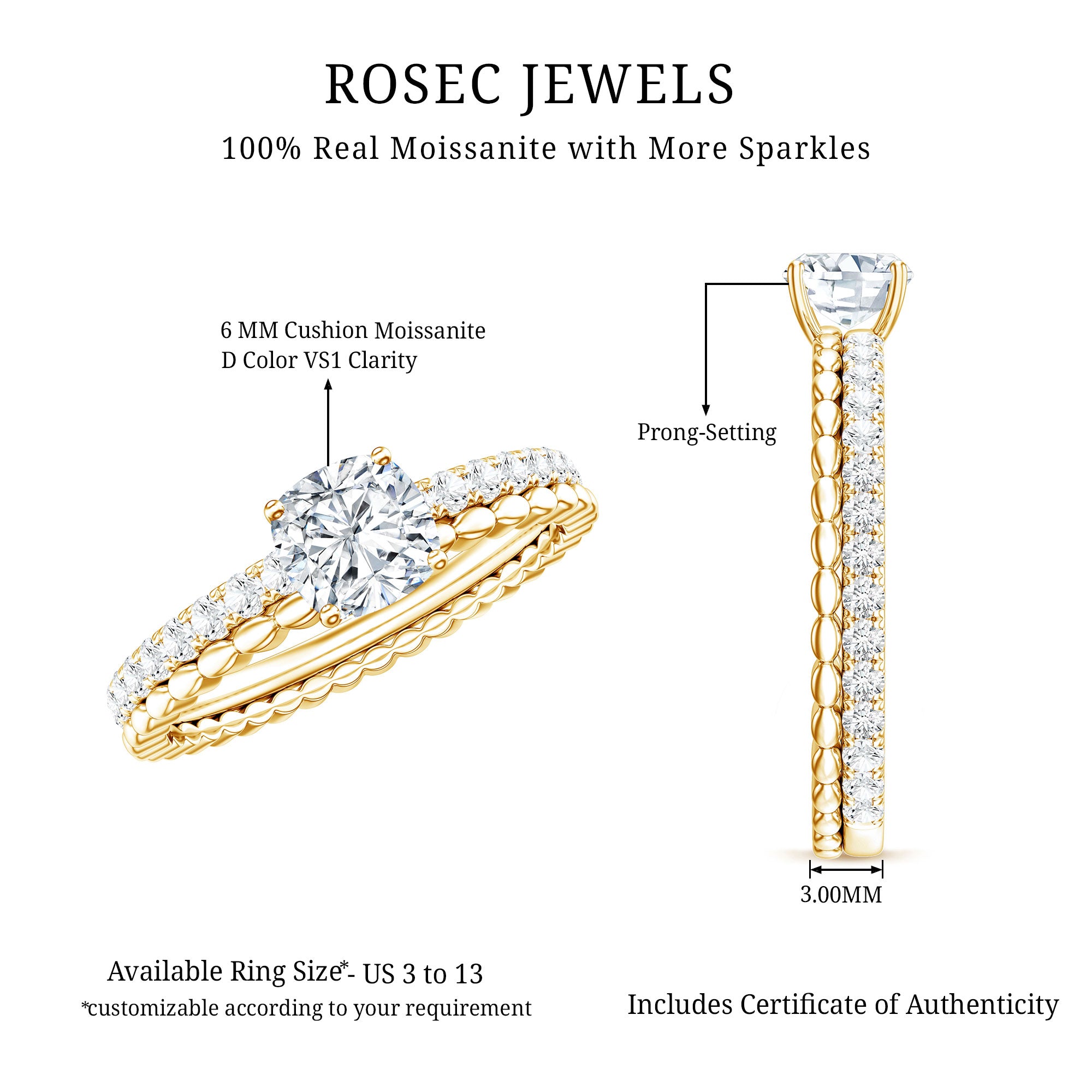 6mm Certified Cushion Cut Moissanite Solitaire Engagement Ring D-VS1 - Rosec Jewels