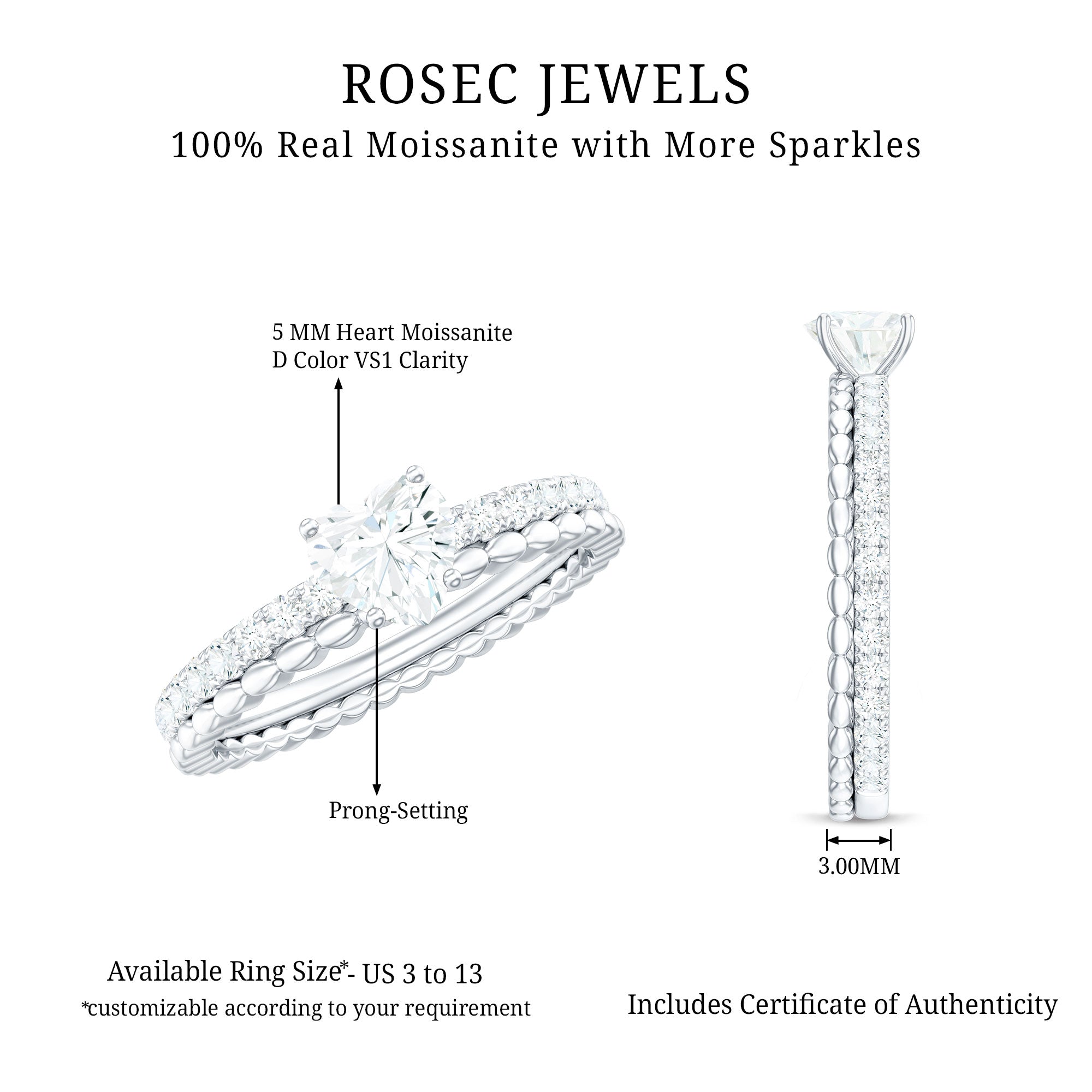 Rosec Jewels-Heart Shape Moissanite Designer Engagement Ring for Women