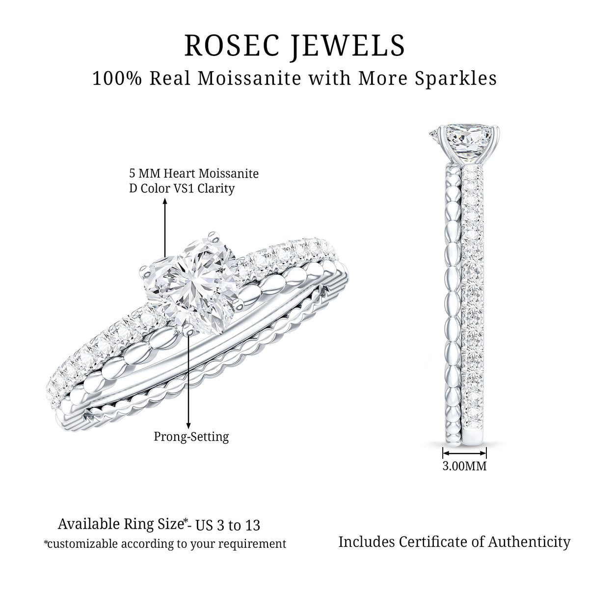 Heart Shape Moissanite Designer Engagement Ring for Women D-VS1 - Rosec Jewels