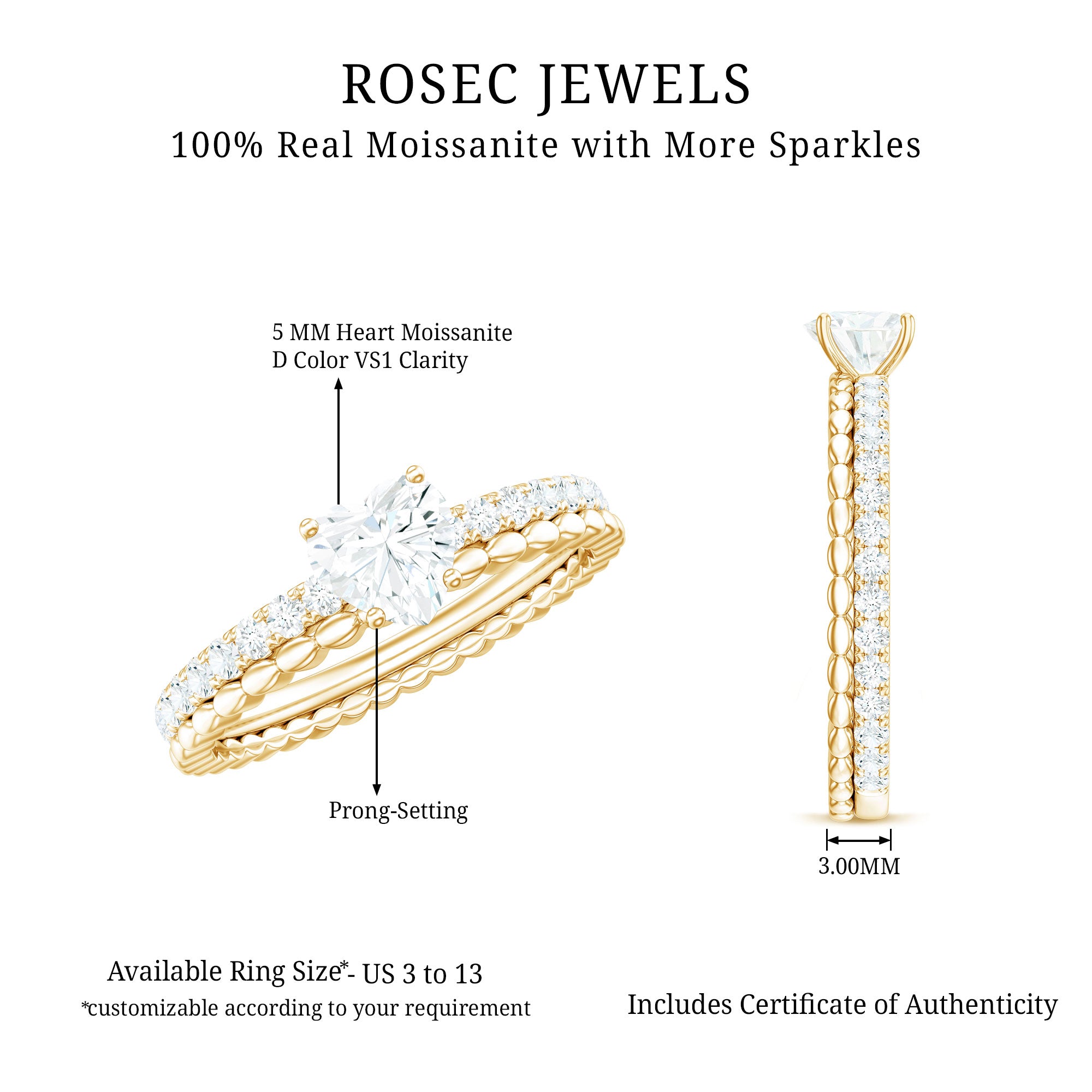 Rosec Jewels-Heart Shape Moissanite Designer Engagement Ring for Women
