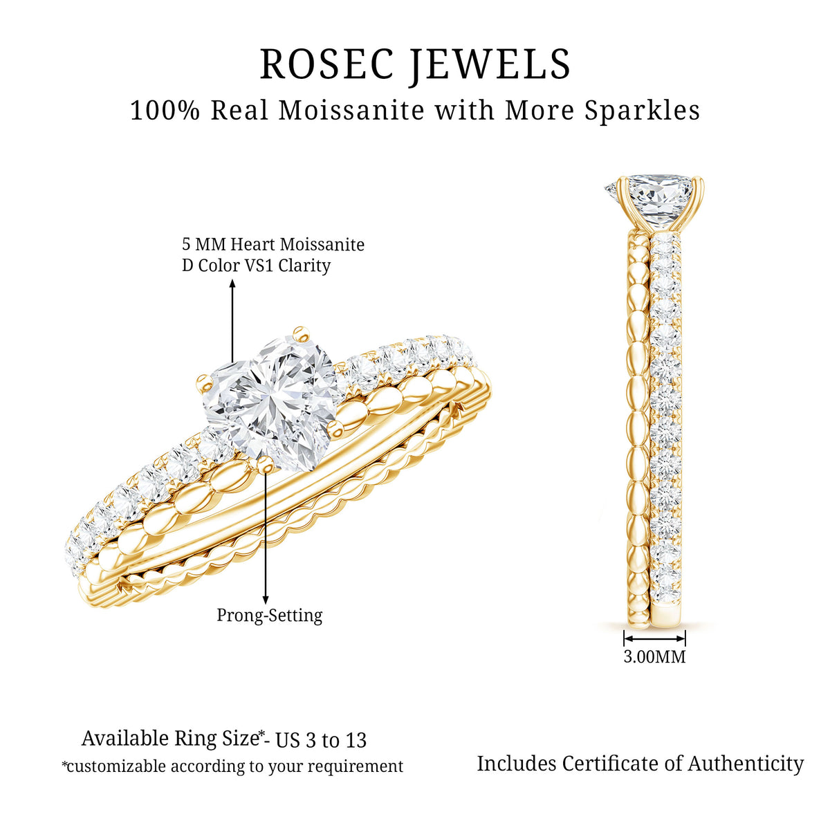 Heart Shape Moissanite Designer Engagement Ring for Women D-VS1 - Rosec Jewels