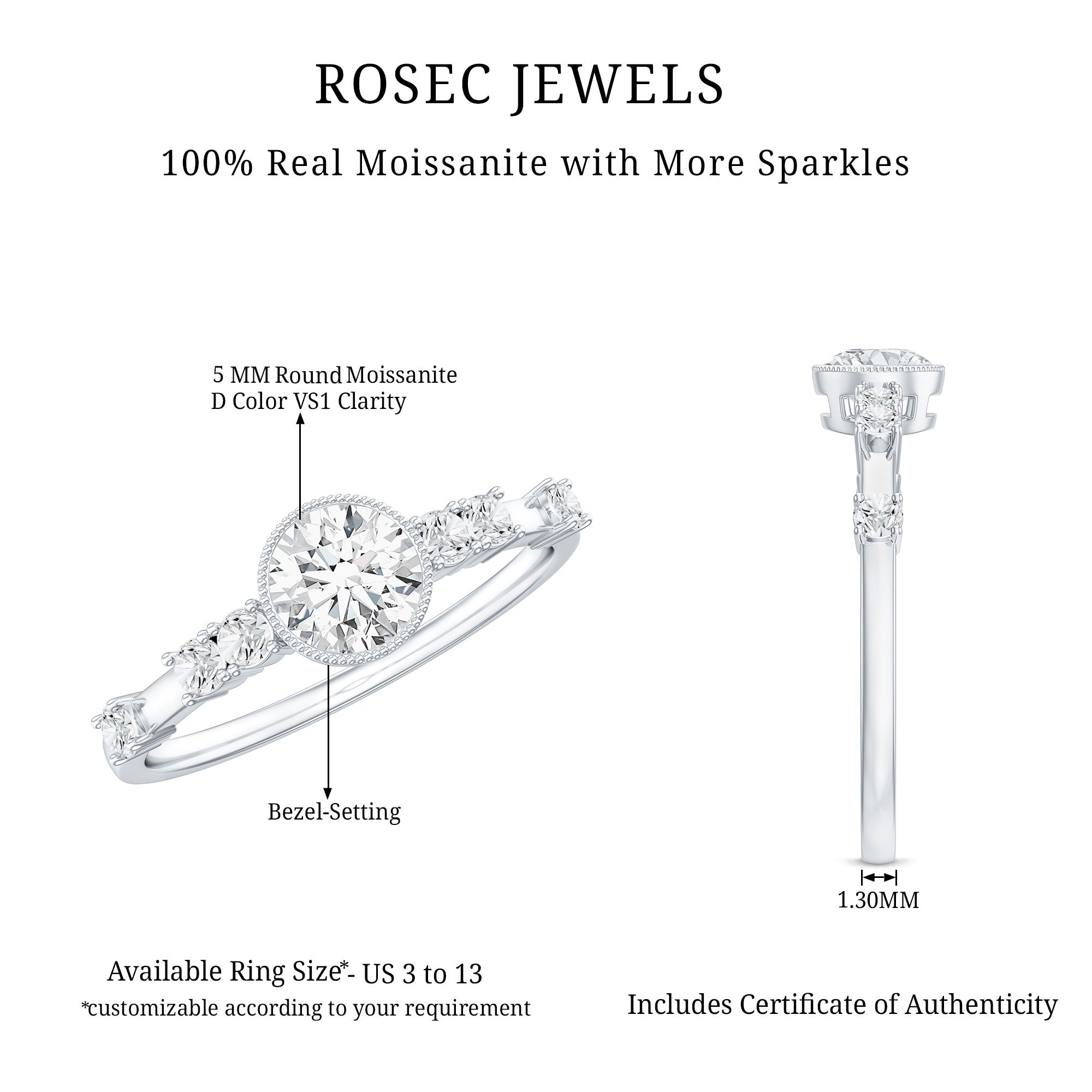 5mm Round Certified Moissanite Solitaire Engagement Ring in Bezel Setting D-VS1 - Rosec Jewels