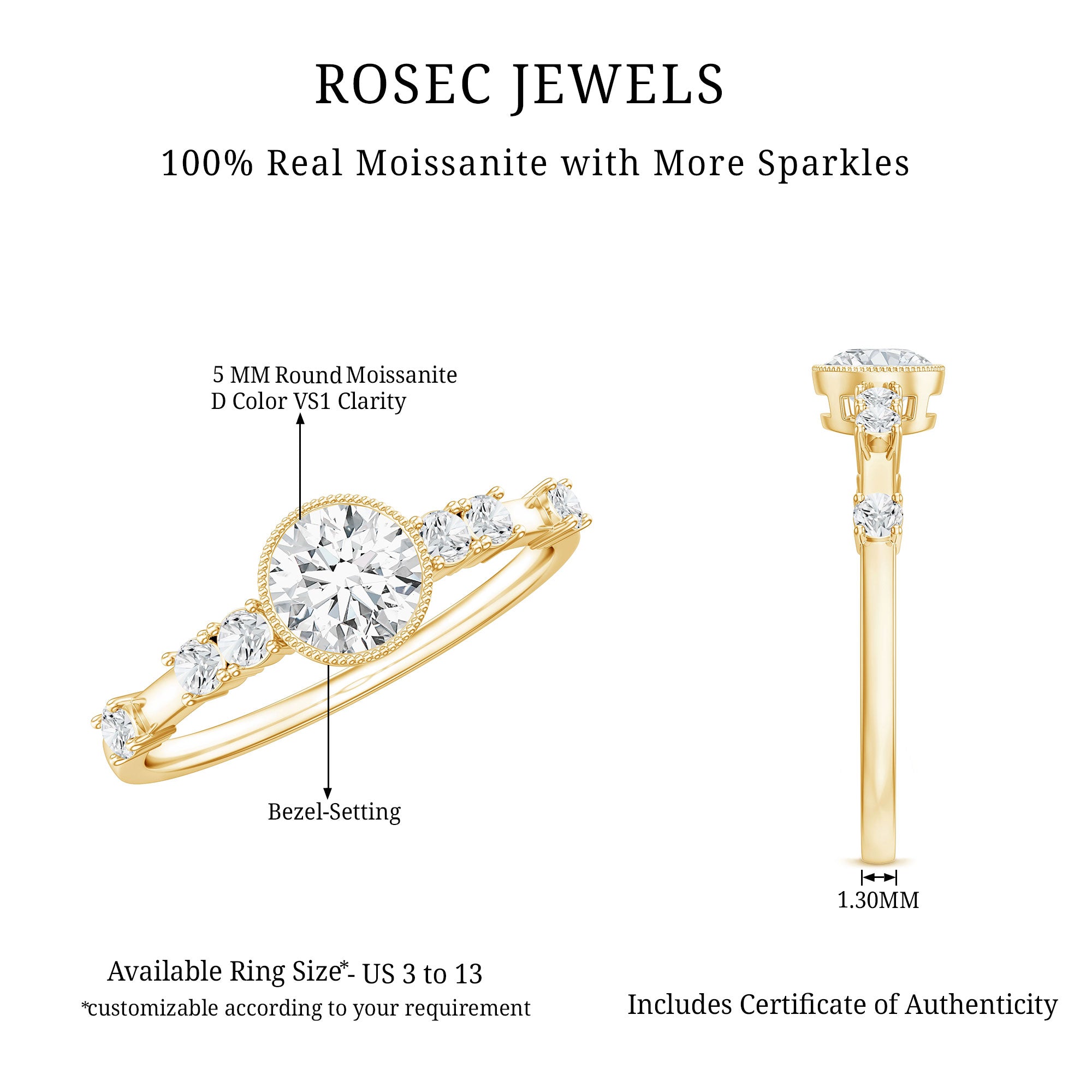 5mm Round Certified Moissanite Solitaire Engagement Ring in Bezel Setting D-VS1 - Rosec Jewels