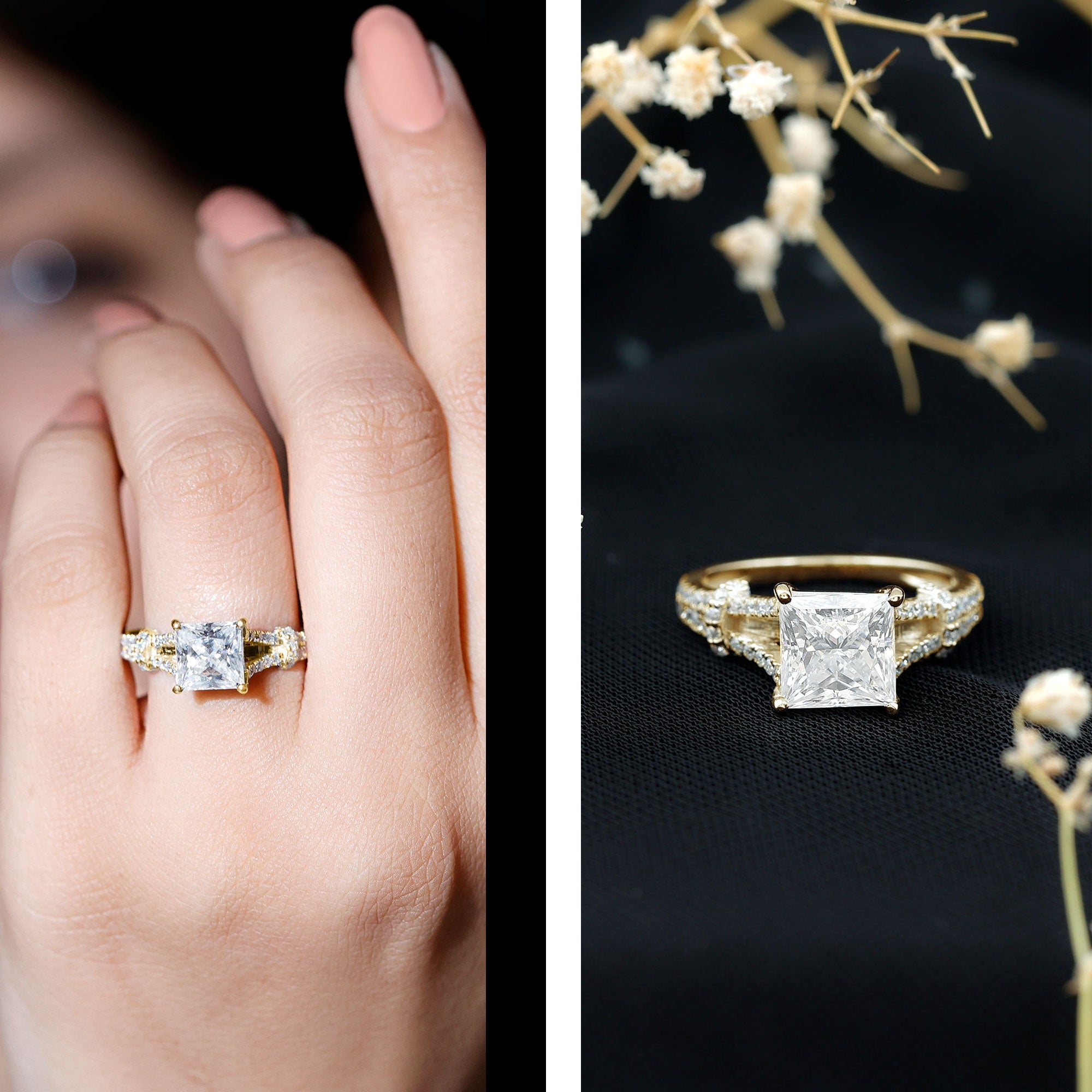 3 Carat Princess Cut Moissanite Solitaire Engagement Ring in Split Shank D-VS1 - Rosec Jewels