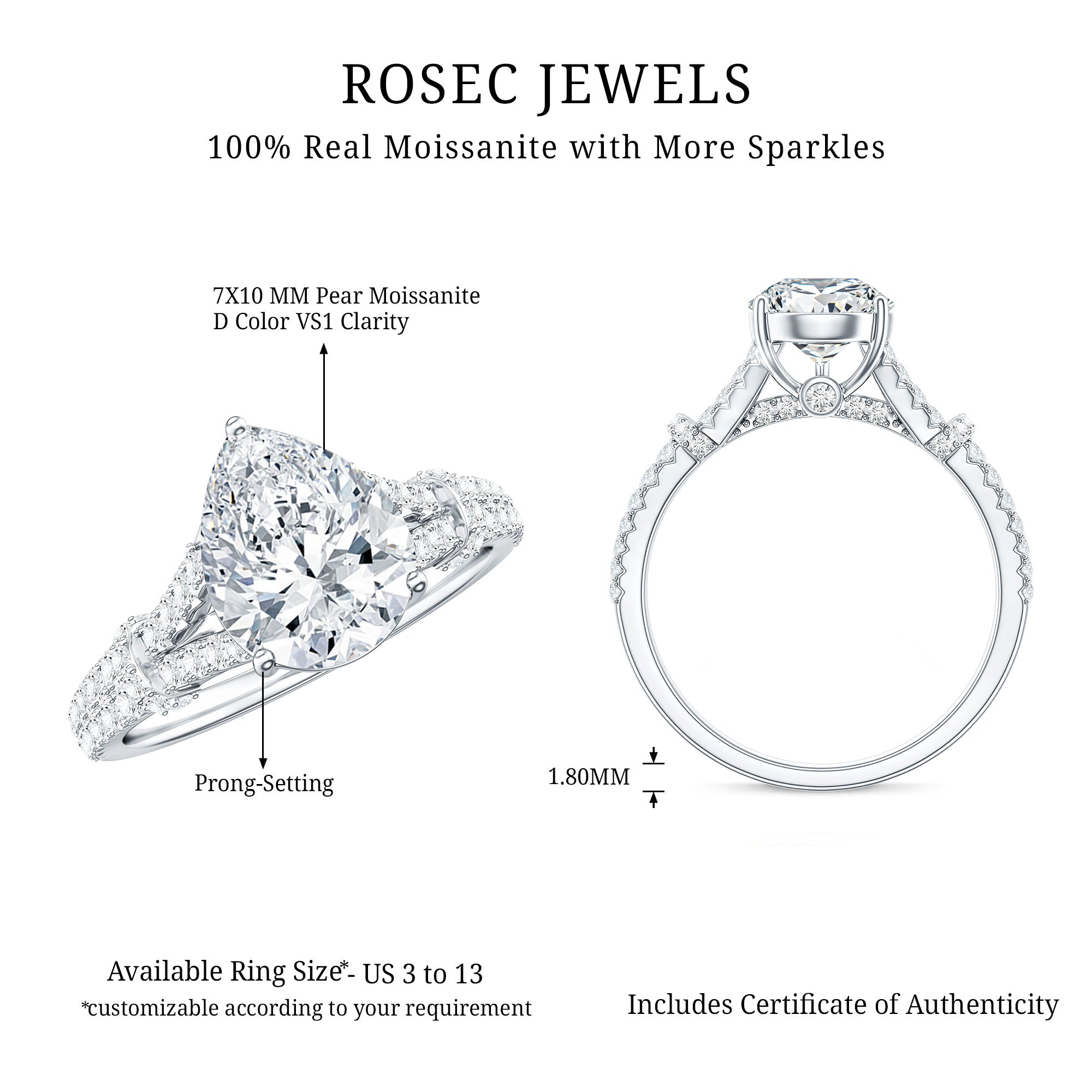 Pear Shaped Moissanite Solitaire Engagement Ring in Split Shank D-VS1 - Rosec Jewels