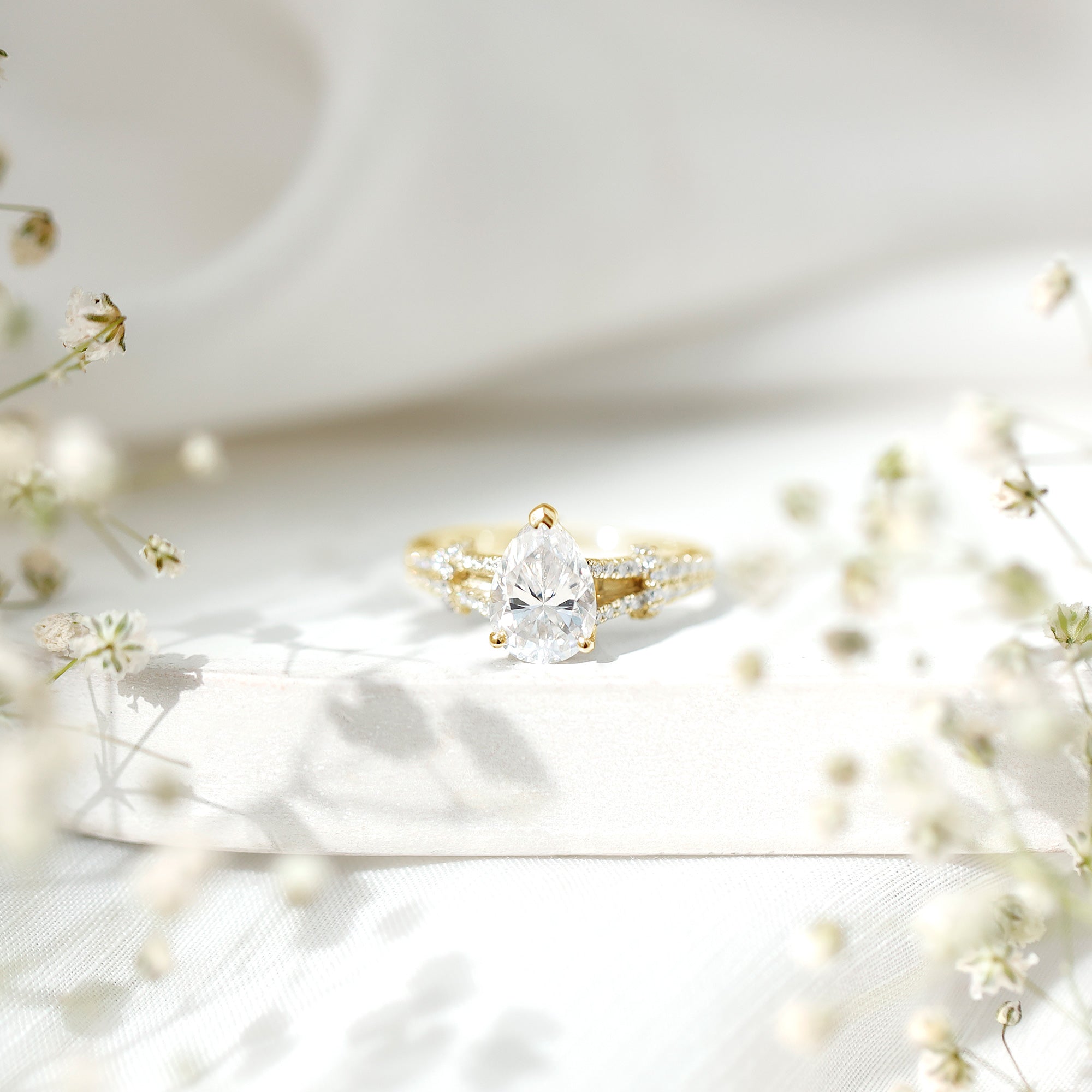 Pear Shaped Moissanite Solitaire Engagement Ring in Split Shank D-VS1 - Rosec Jewels