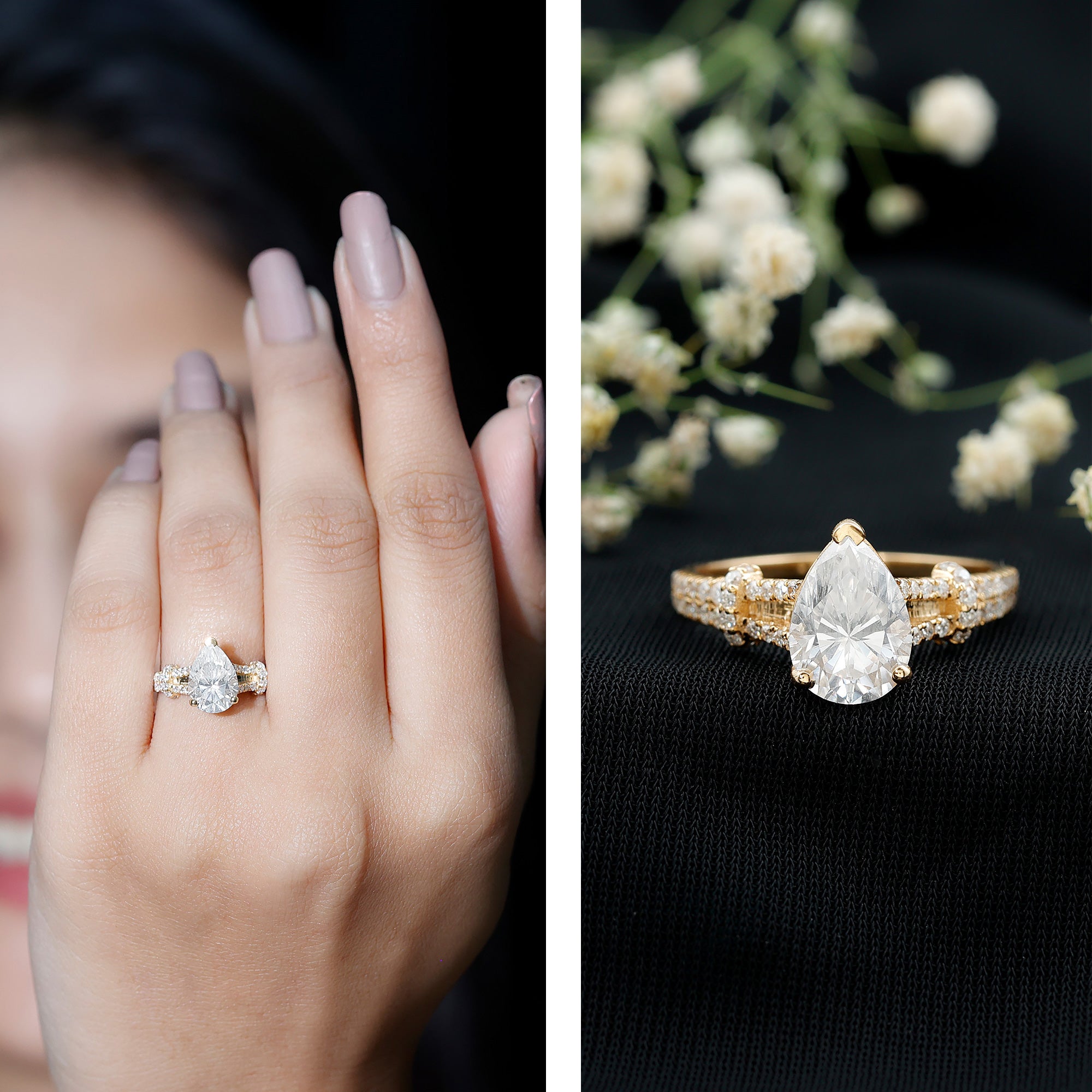 Rosec Jewels-Pear Shaped Moissanite Solitaire Engagement Ring in Split Shank