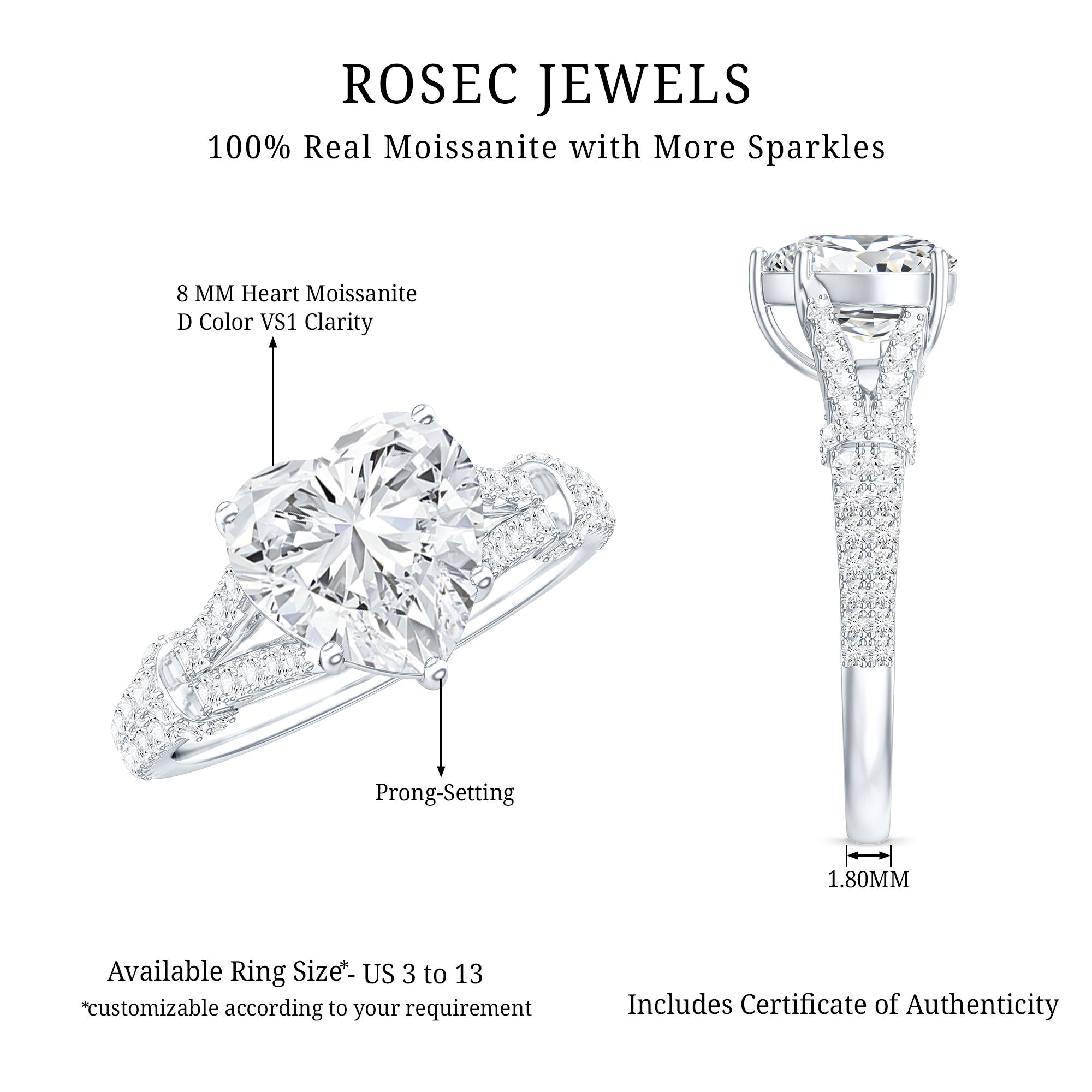 Rosec Jewels-Heart Shape Moissanite Solitaire Engagement Ring in Split Shank