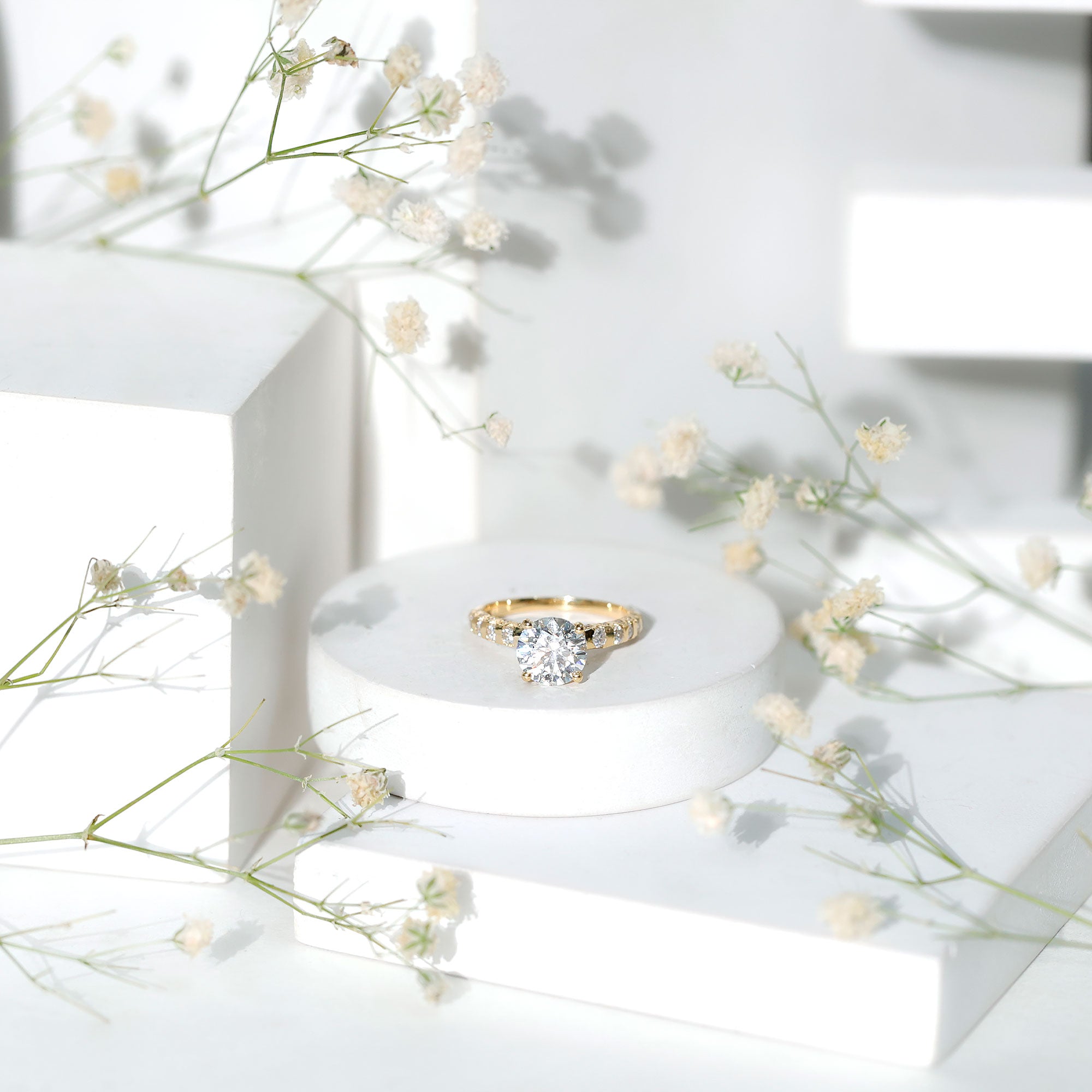 Rosec Jewels-Round Cut Moissanite Solitaire Engagement Ring with Side Stones