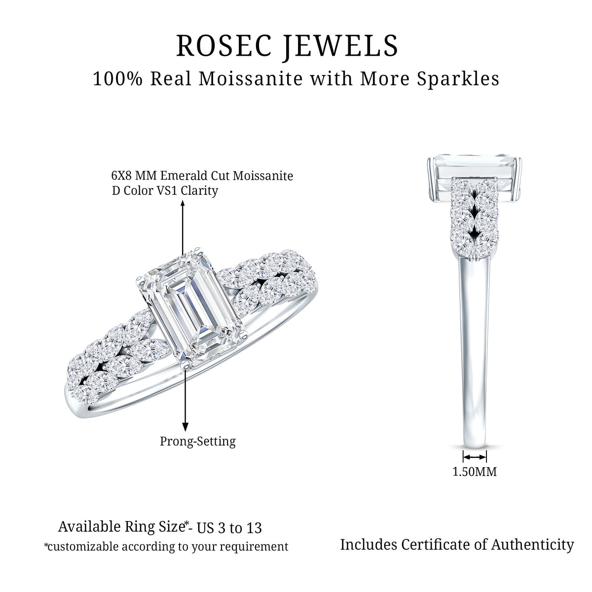 Certified Moissanite Emerald Cut Engagement Ring with Side Stones D-VS1 - Rosec Jewels