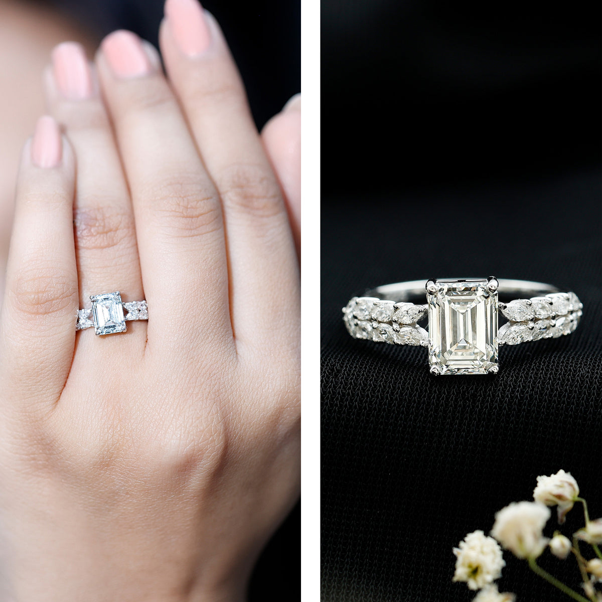 Certified Moissanite Emerald Cut Engagement Ring with Side Stones D-VS1 - Rosec Jewels