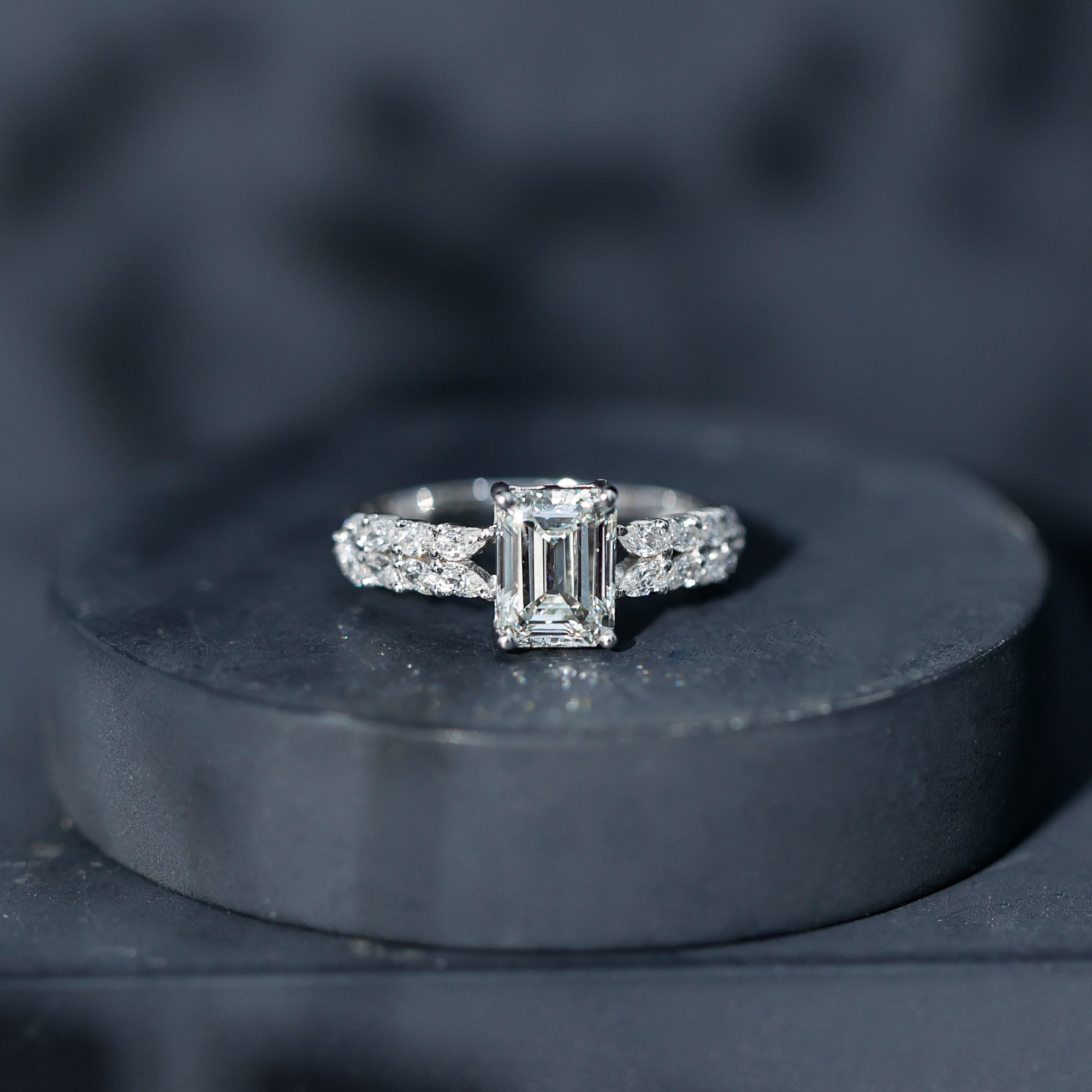 Certified Moissanite Emerald Cut Engagement Ring with Side Stones D-VS1 - Rosec Jewels