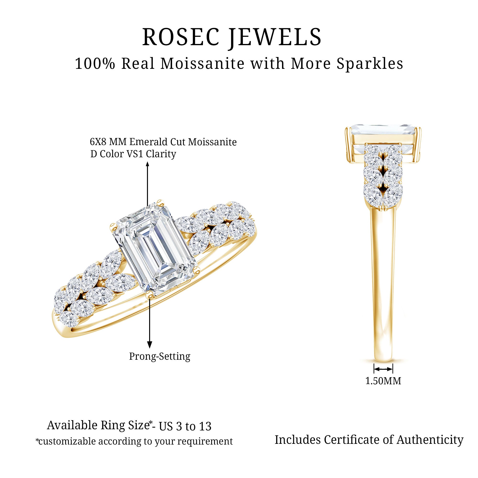 Certified Moissanite Emerald Cut Engagement Ring with Side Stones D-VS1 - Rosec Jewels