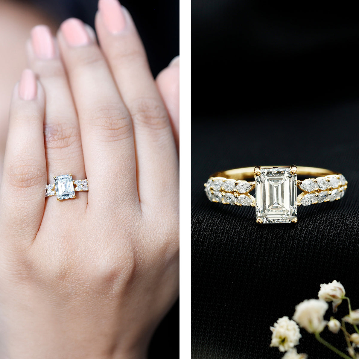 Certified Moissanite Emerald Cut Engagement Ring with Side Stones D-VS1 - Rosec Jewels