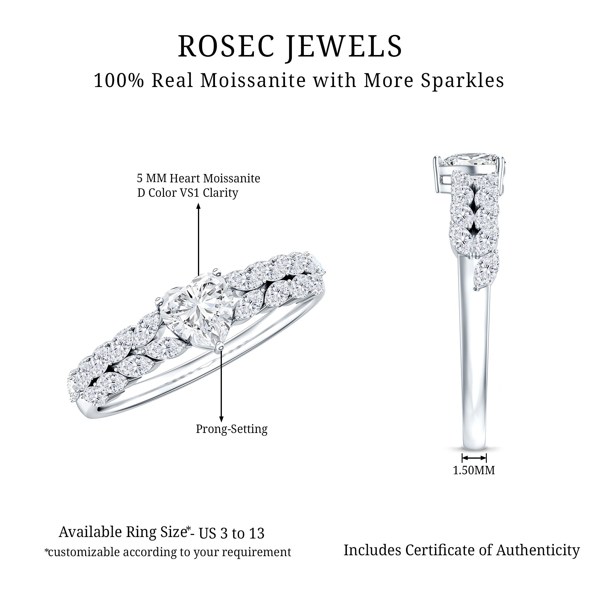 Heart Shape Moissanite Engagement Ring with Side Stones D-VS1 - Rosec Jewels