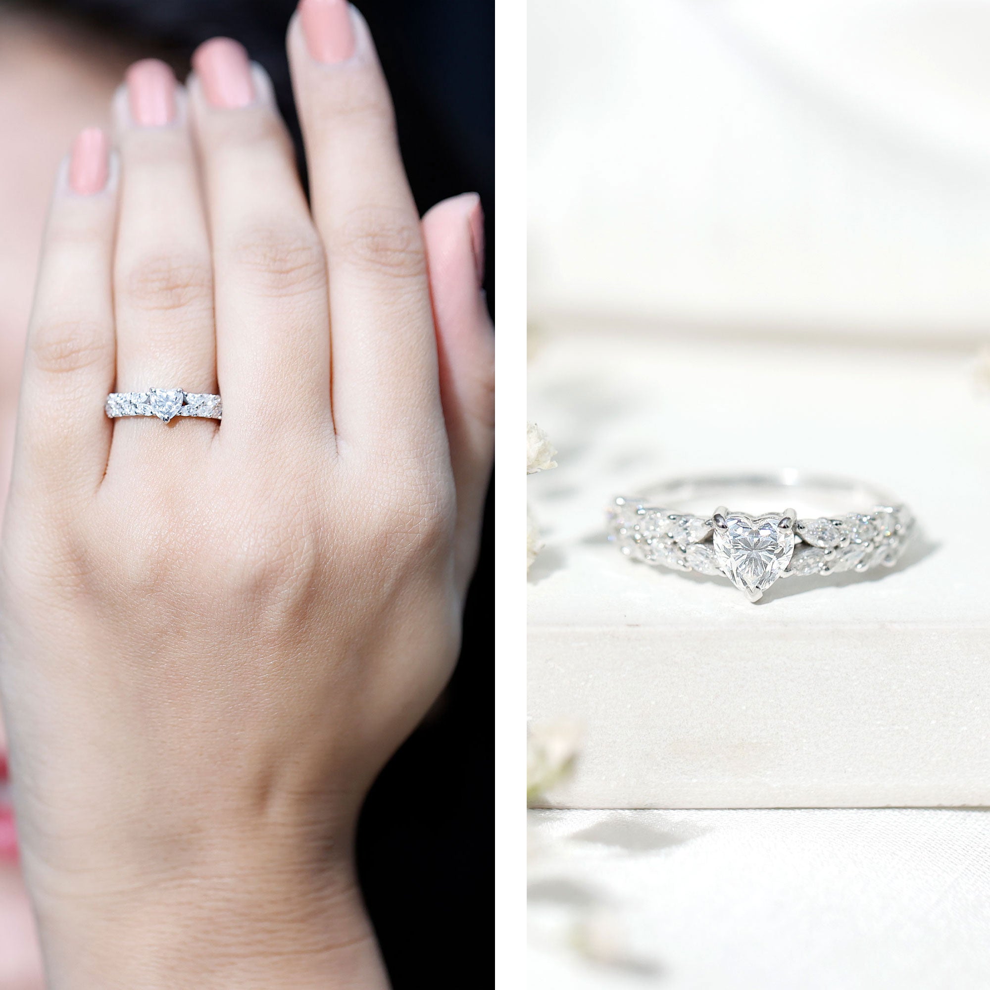 Heart Shape Moissanite Engagement Ring with Side Stones D-VS1 - Rosec Jewels