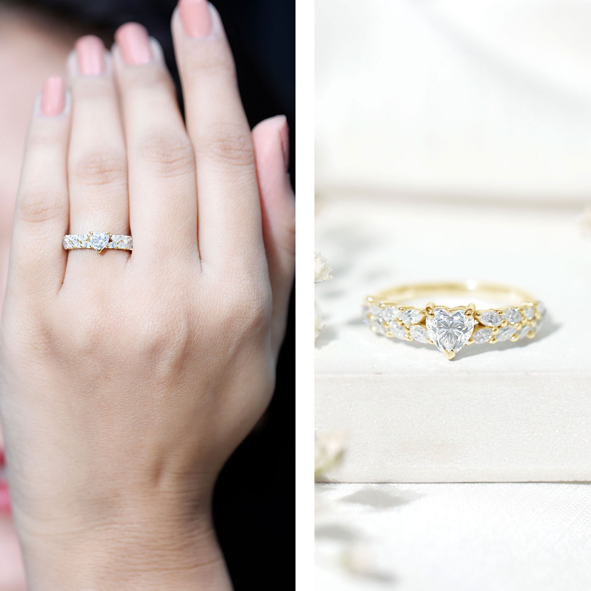 Heart Shape Moissanite Engagement Ring with Side Stones D-VS1 - Rosec Jewels
