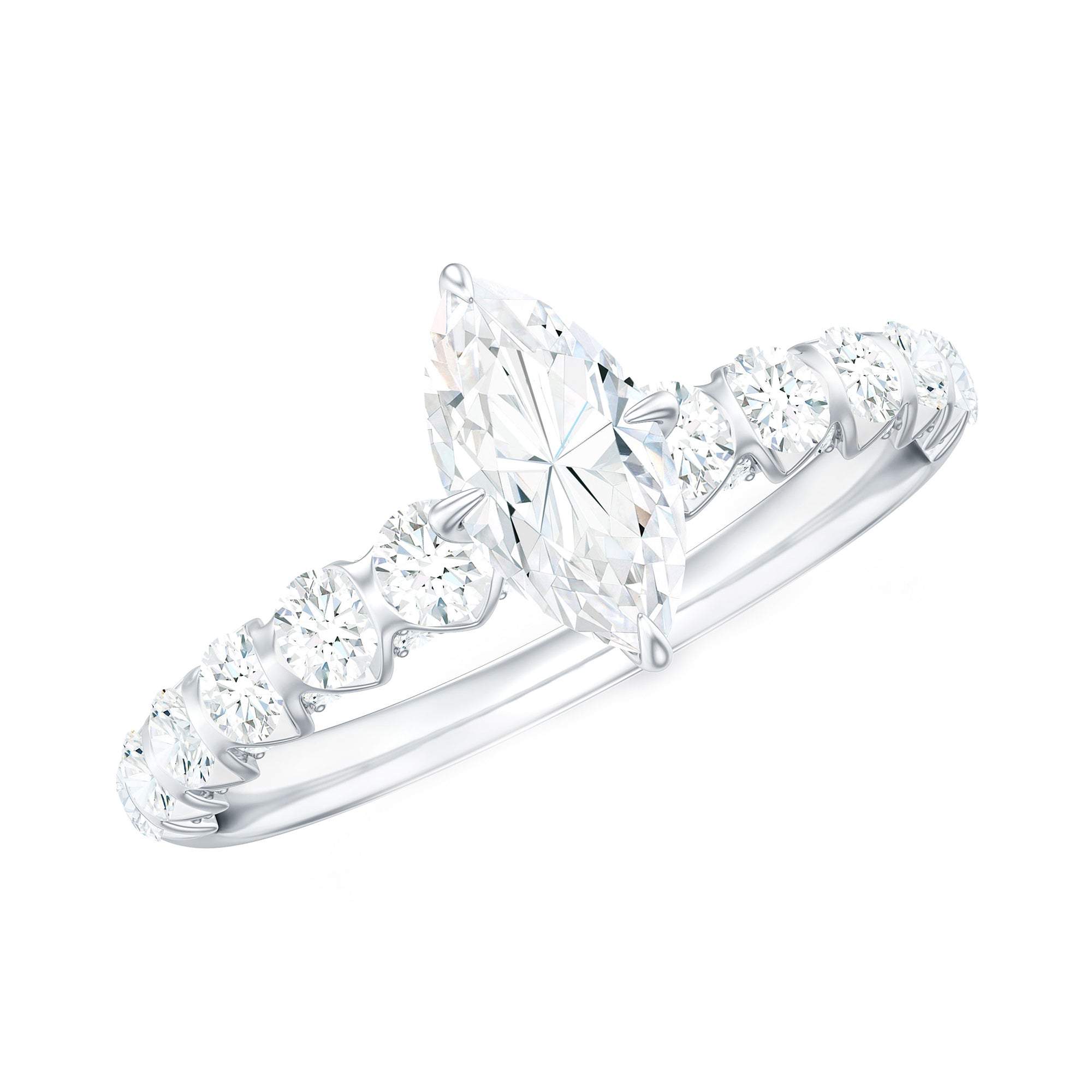 Marquise Moissanite Solitaire Engagement Ring with Side Stones