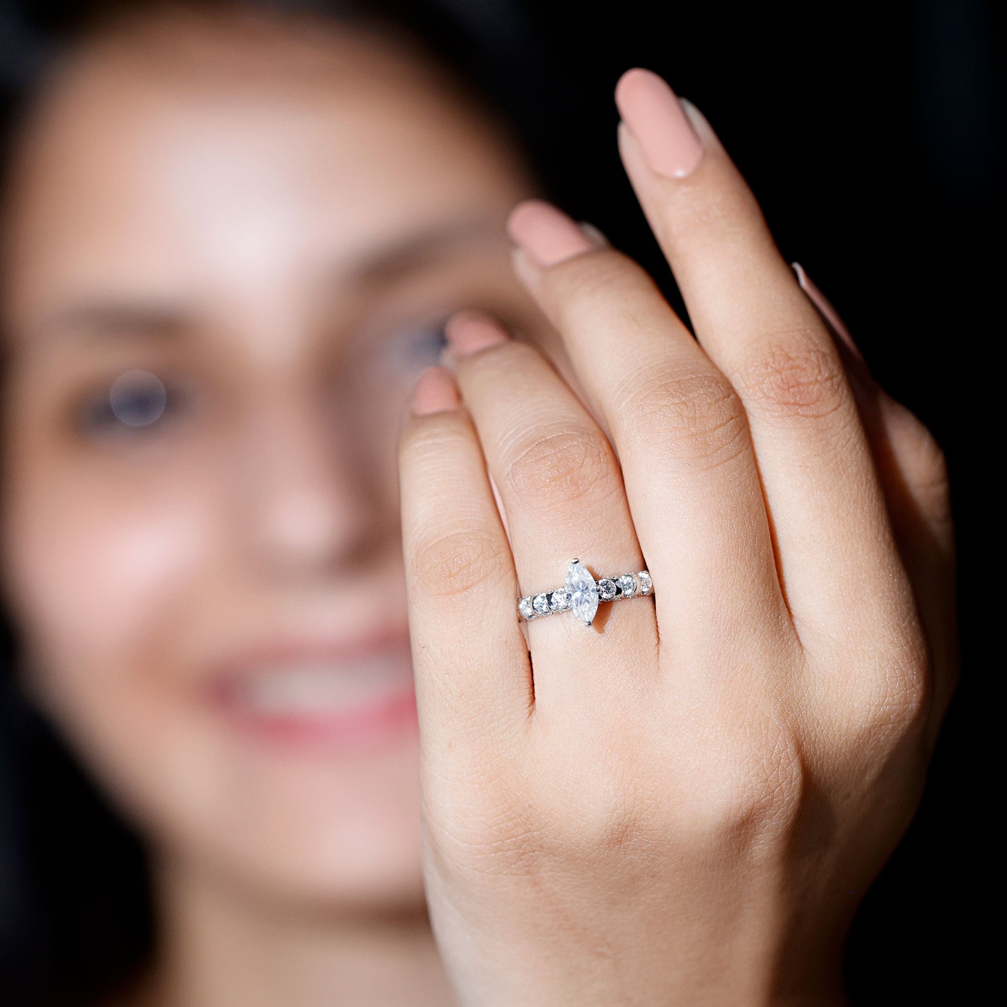 Rosec Jewels-Marquise Moissanite Solitaire Engagement Ring with Side Stones