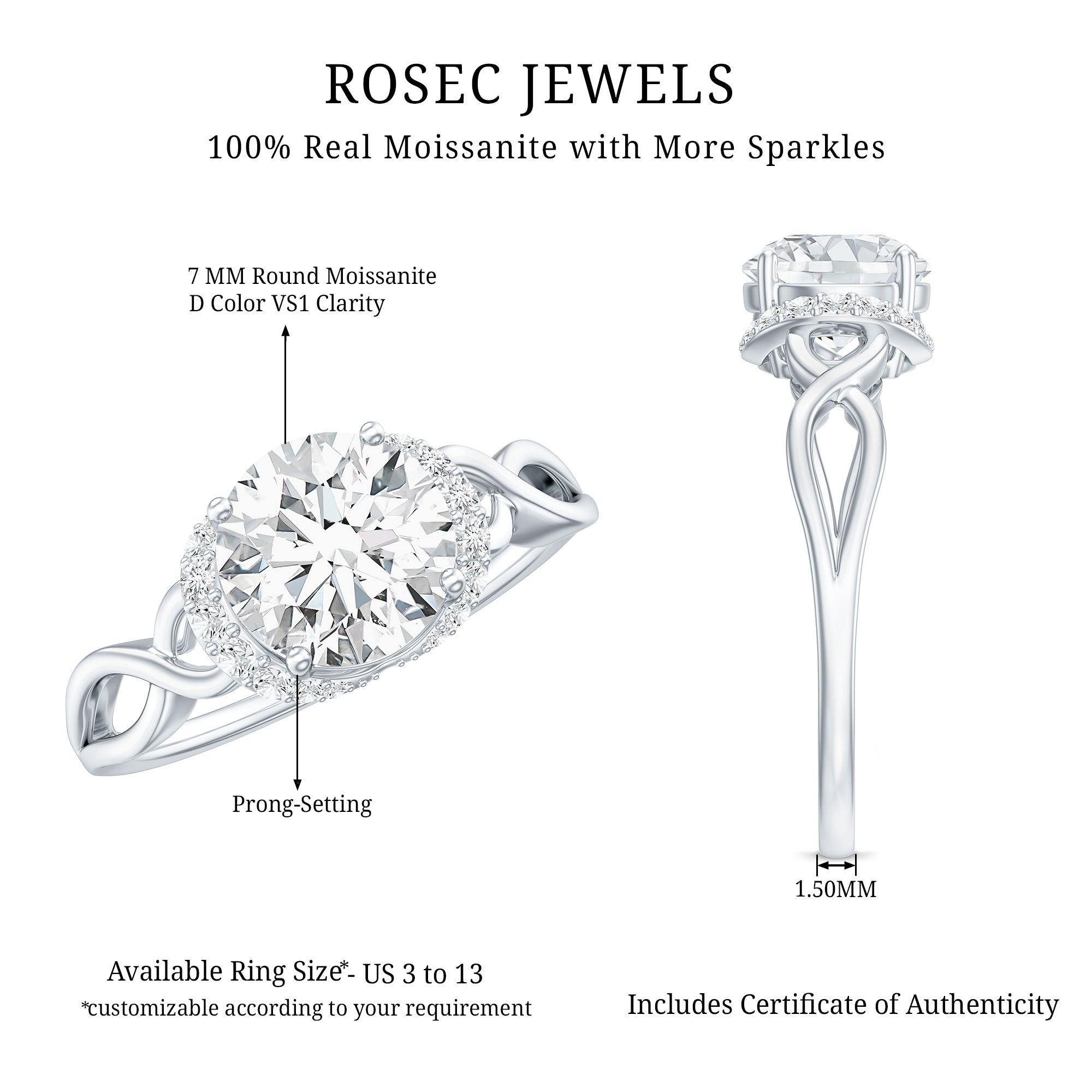 Round Cut Moissanite Infinity Engagement Ring D-VS1 - Rosec Jewels