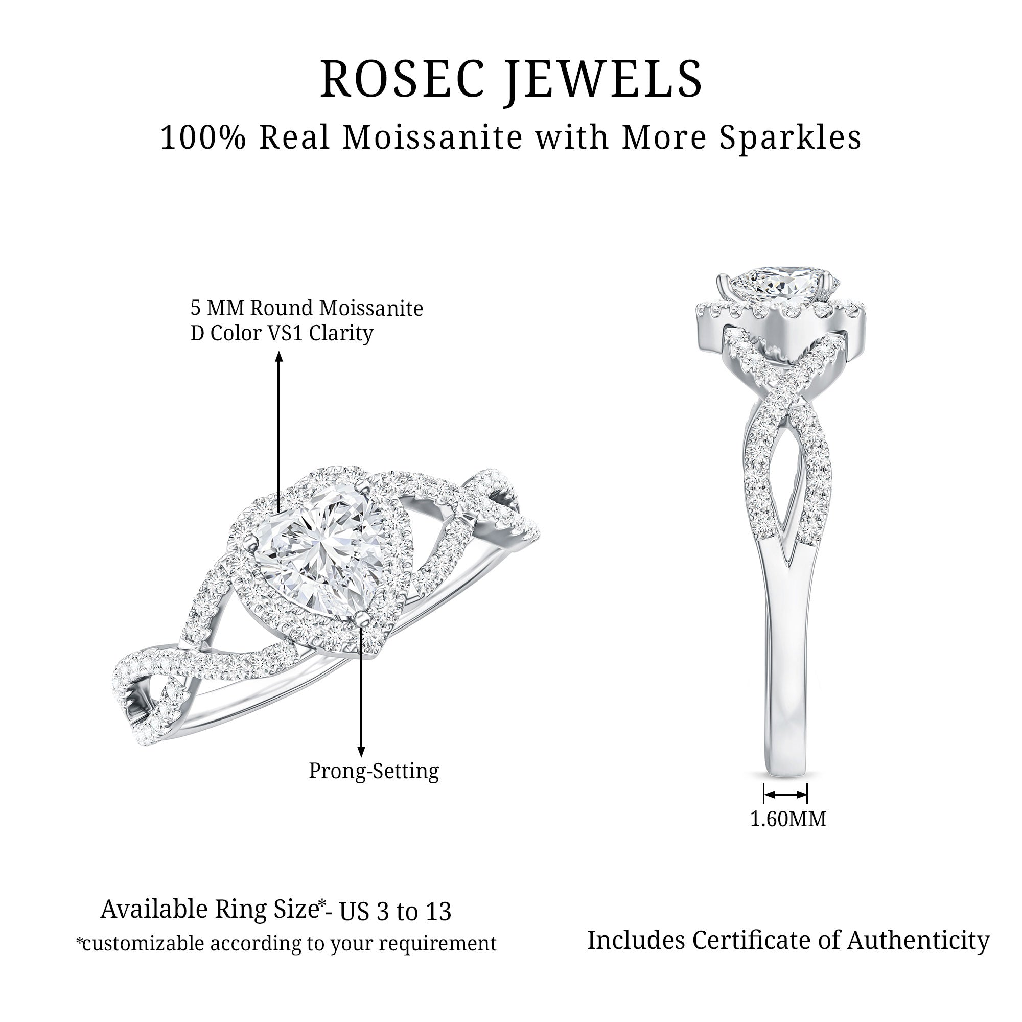 Heart Shape Moissanite Halo Engagement Ring with Infinity Band D-VS1 - Rosec Jewels