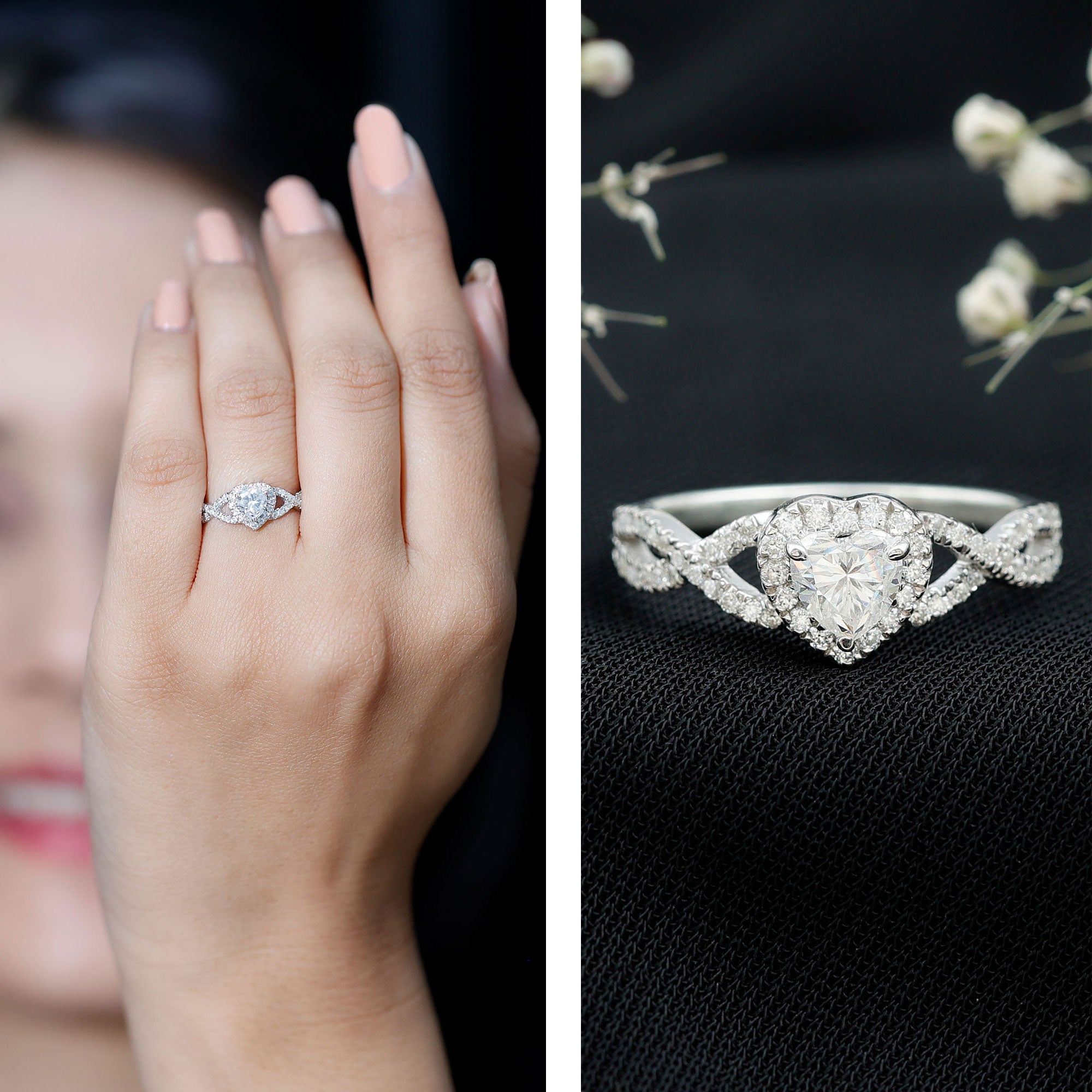Heart Shape Moissanite Halo Engagement Ring with Infinity Band D-VS1 - Rosec Jewels