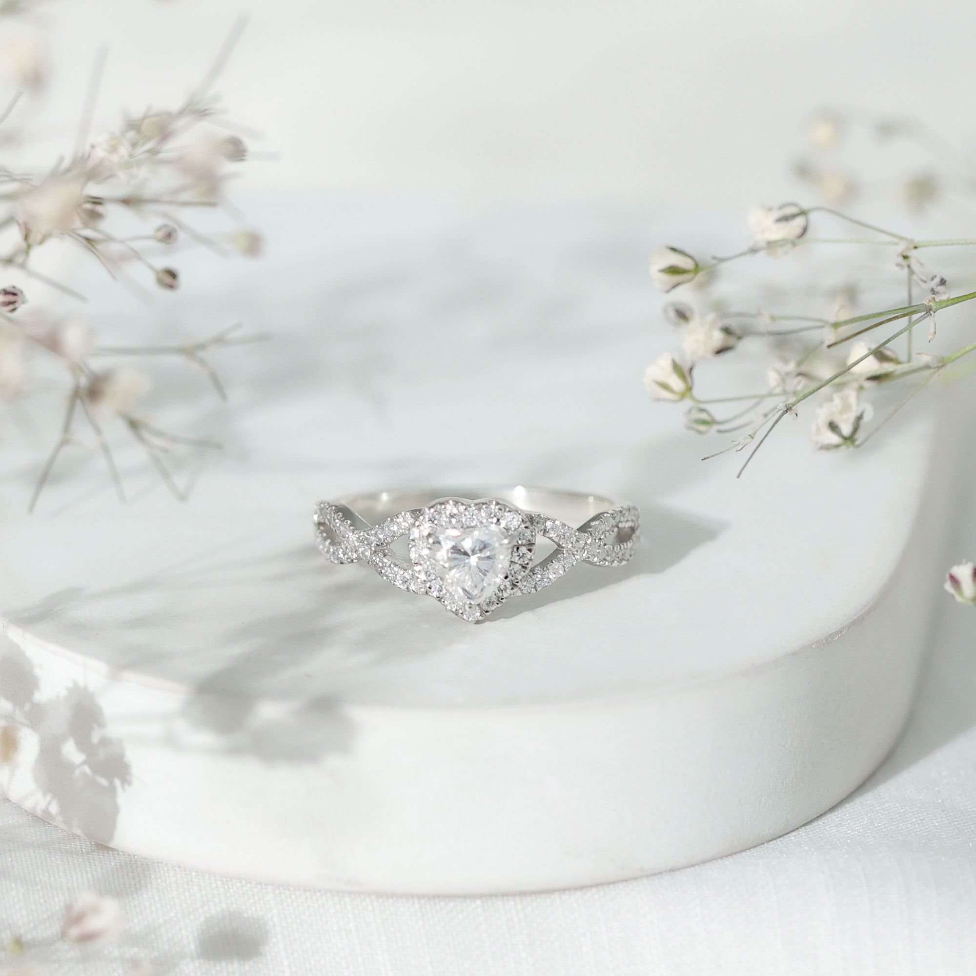 Heart Shape Moissanite Halo Engagement Ring with Infinity Band D-VS1 - Rosec Jewels