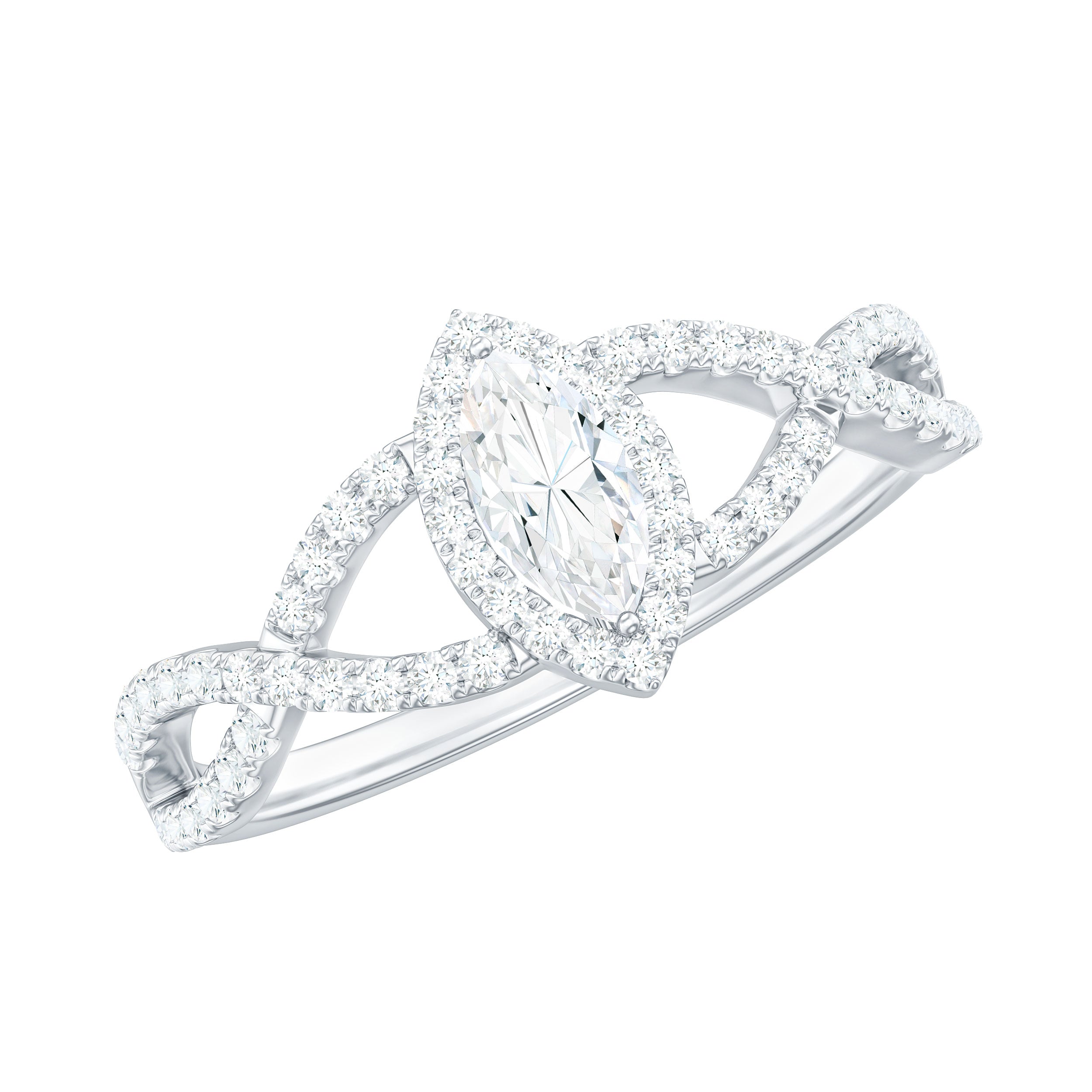 Womens Moissanite Marquise Cut Engagement Ring with Crossover Shank