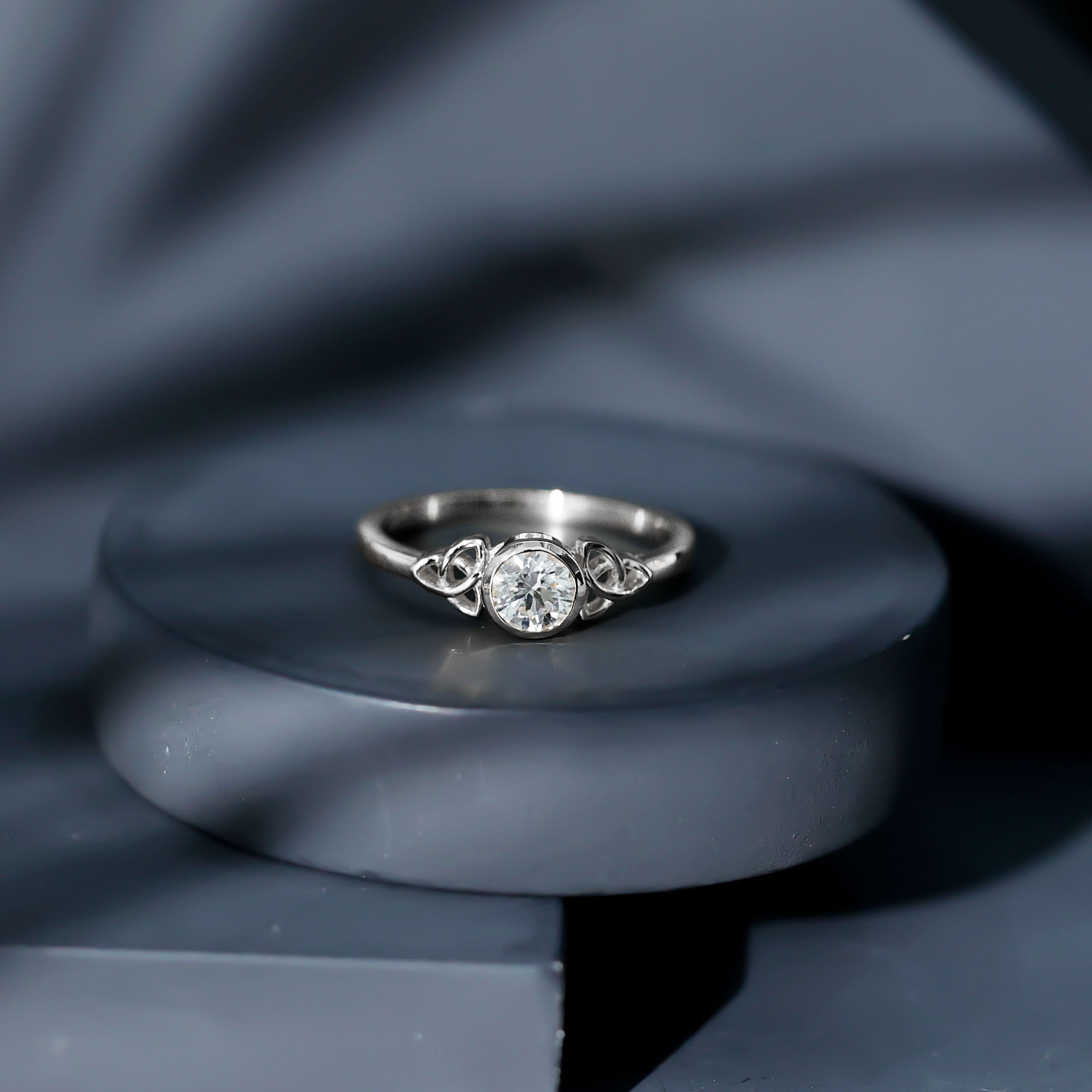 Bezel Set Moissanite Promise Ring with Celtic Knot Details D-VS1 - Rosec Jewels
