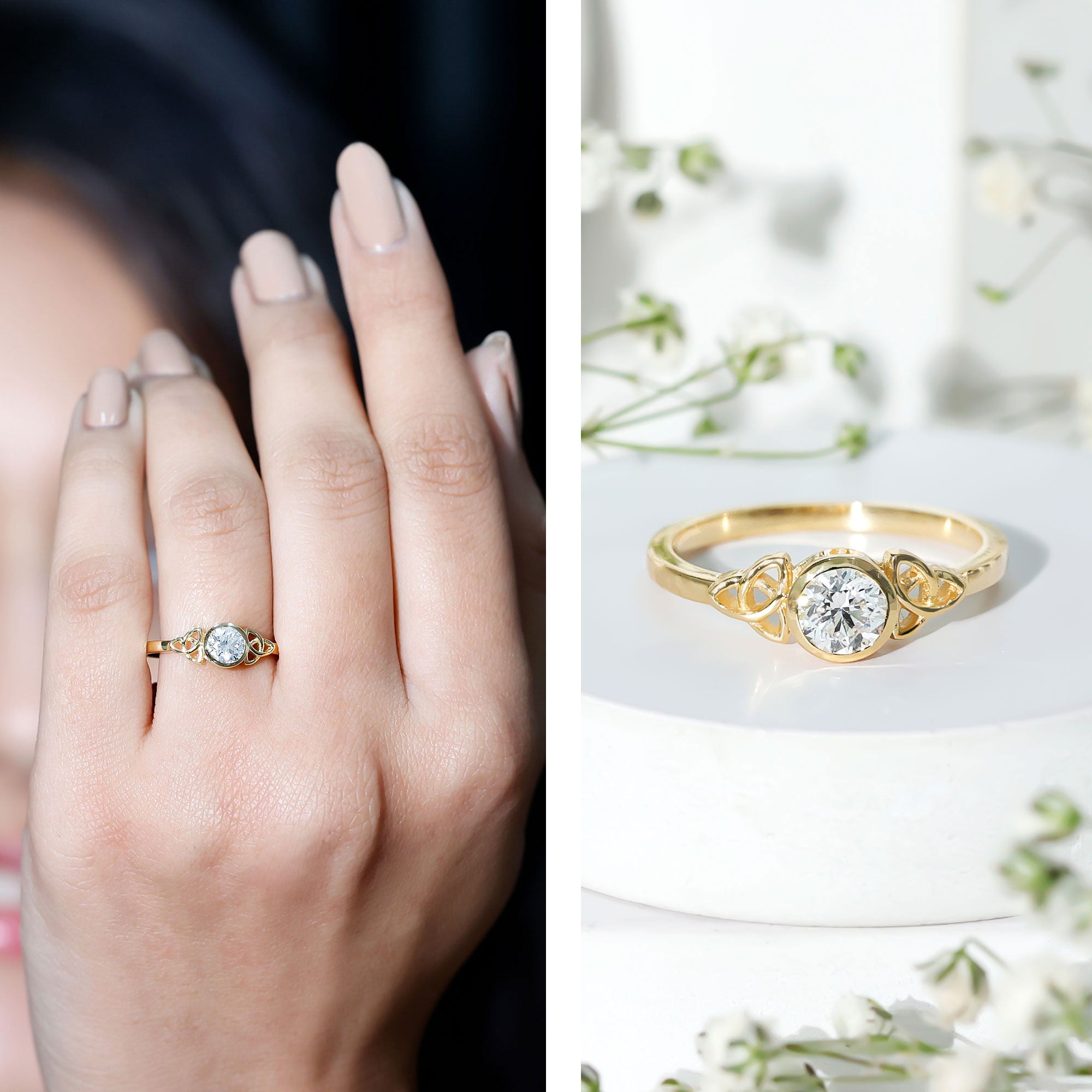 Bezel Set Moissanite Promise Ring with Celtic Knot Details D-VS1 - Rosec Jewels