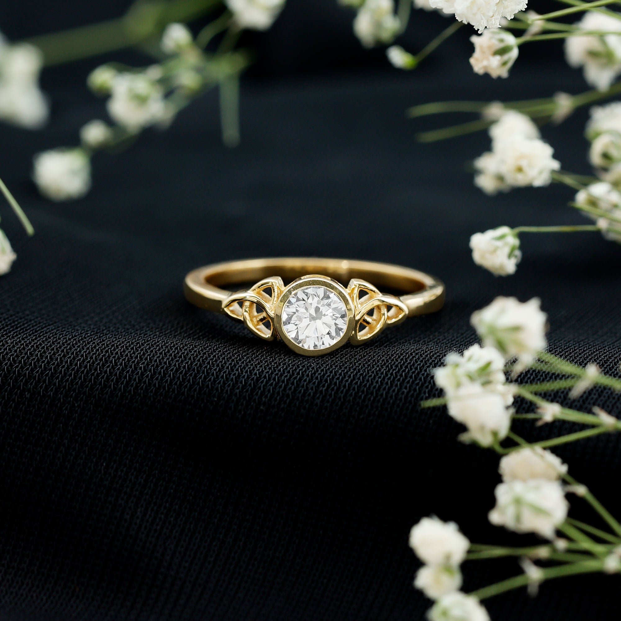 Bezel Set Moissanite Promise Ring with Celtic Knot Details D-VS1 - Rosec Jewels