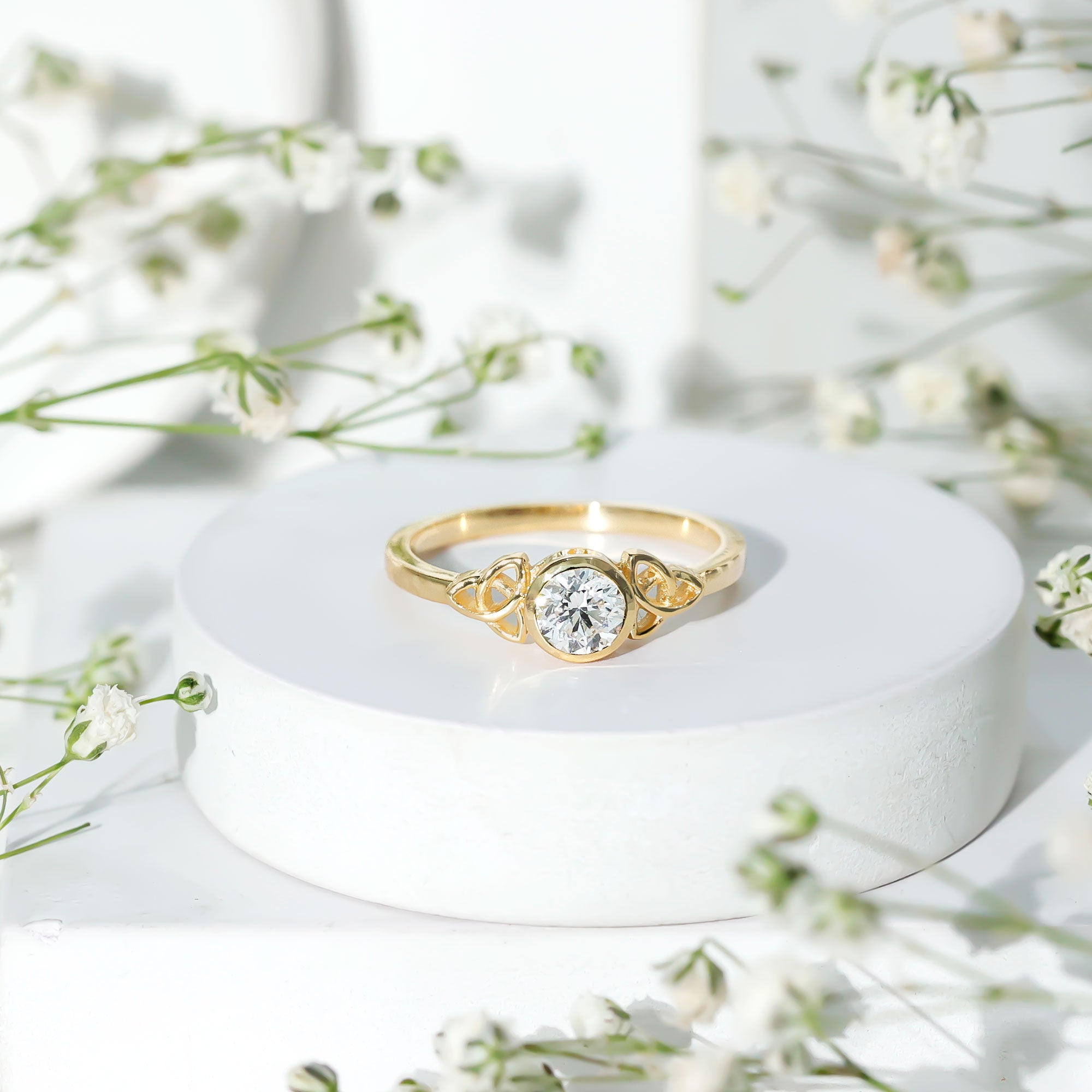 Bezel Set Moissanite Promise Ring with Celtic Knot Details D-VS1 - Rosec Jewels