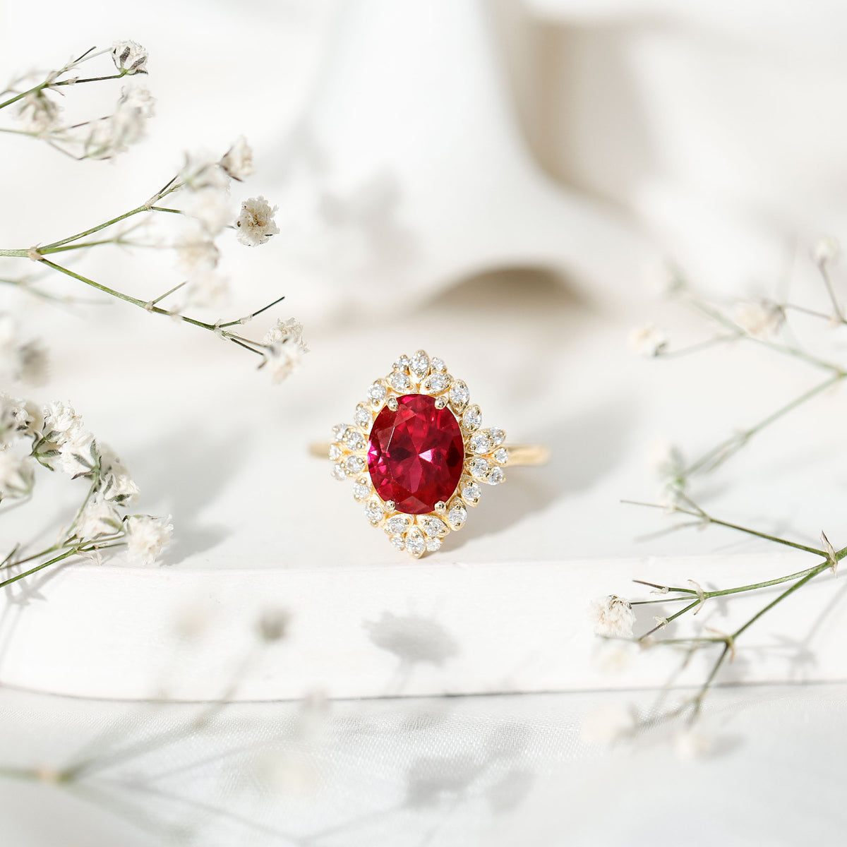 Vintage Inspired Lab Grown Ruby and Diamond Engagement Ring AAAA - Rosec Jewels