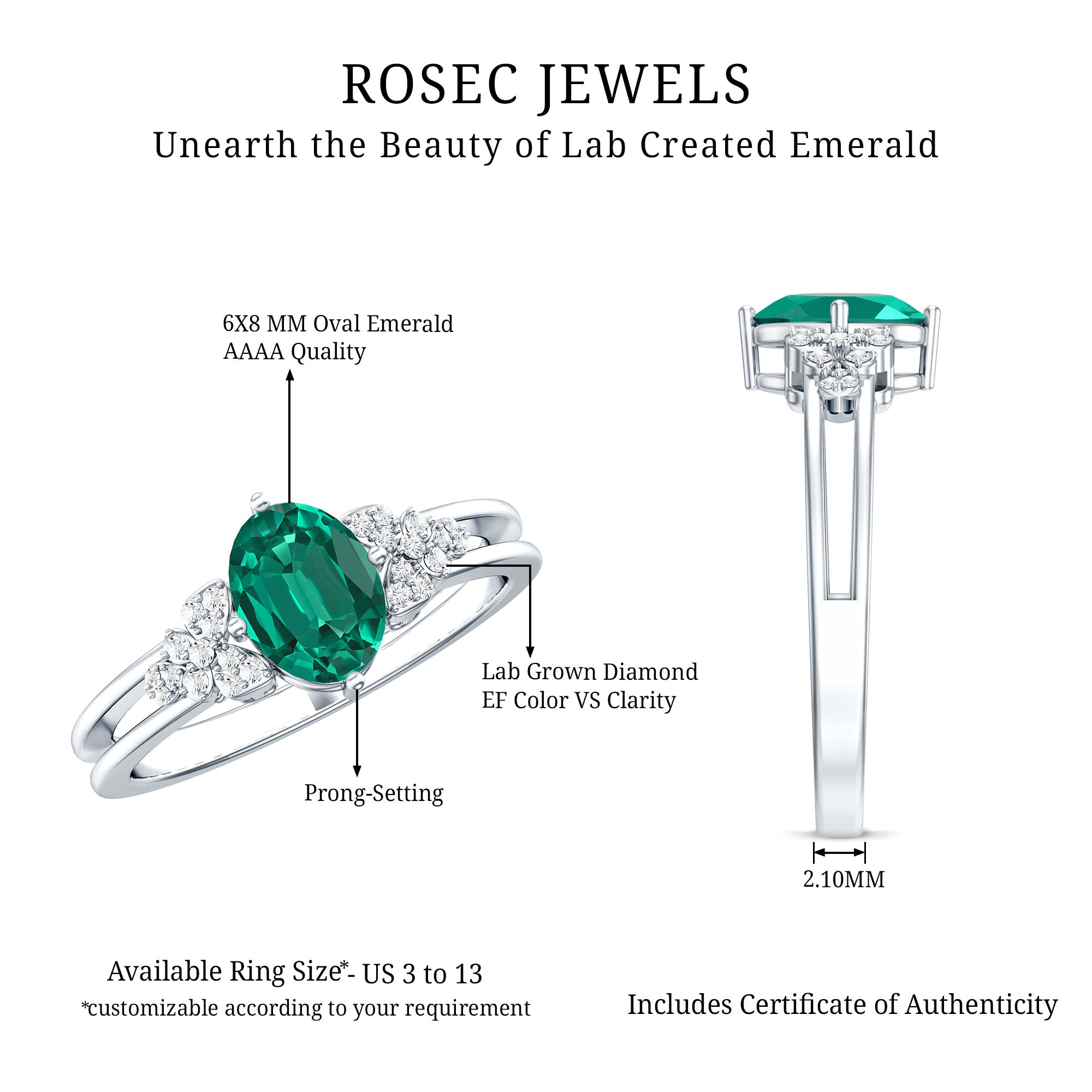 Designer Lab Grown Emerald Engagement Ring AAAA - Rosec Jewels