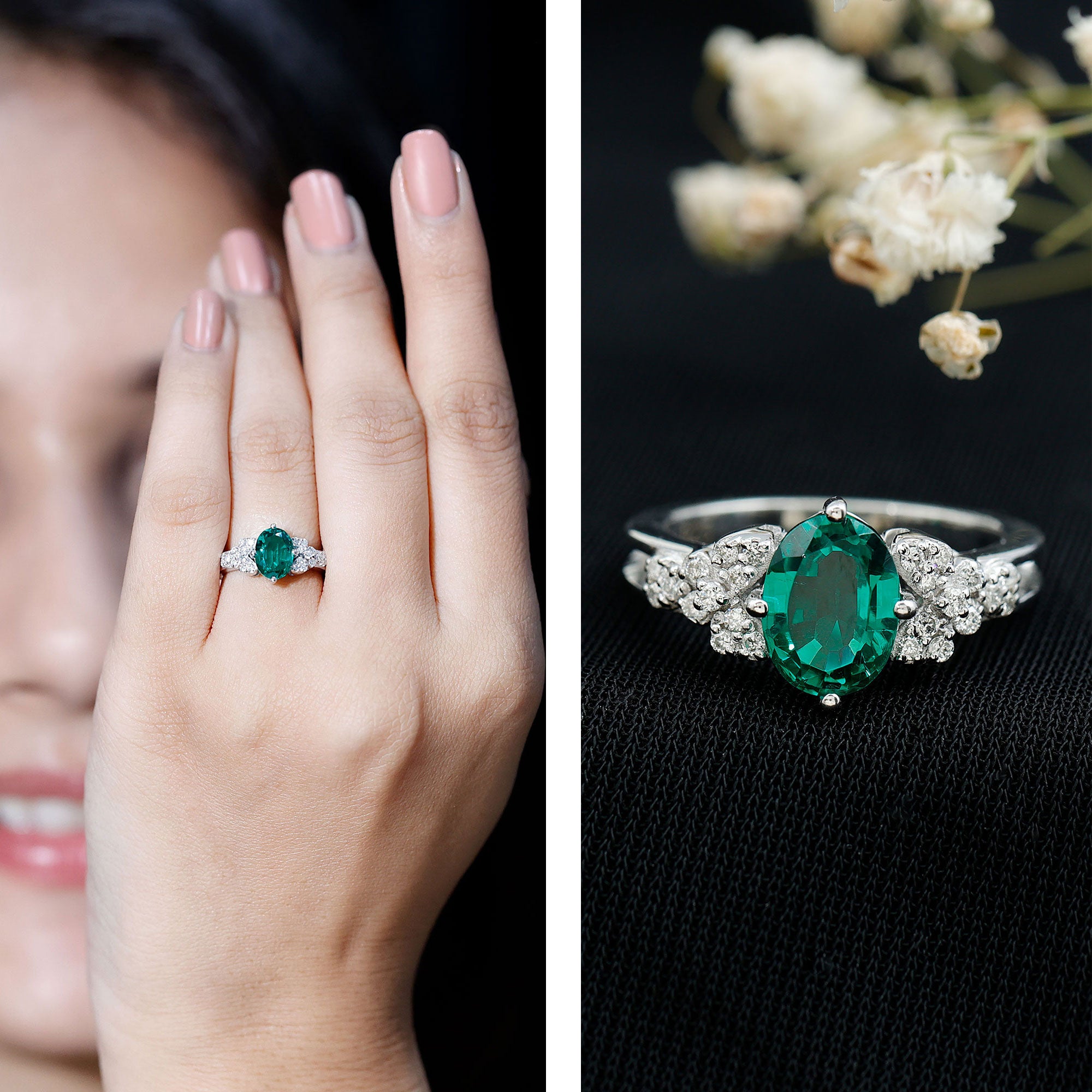 Designer Lab Grown Emerald Engagement Ring AAAA - Rosec Jewels