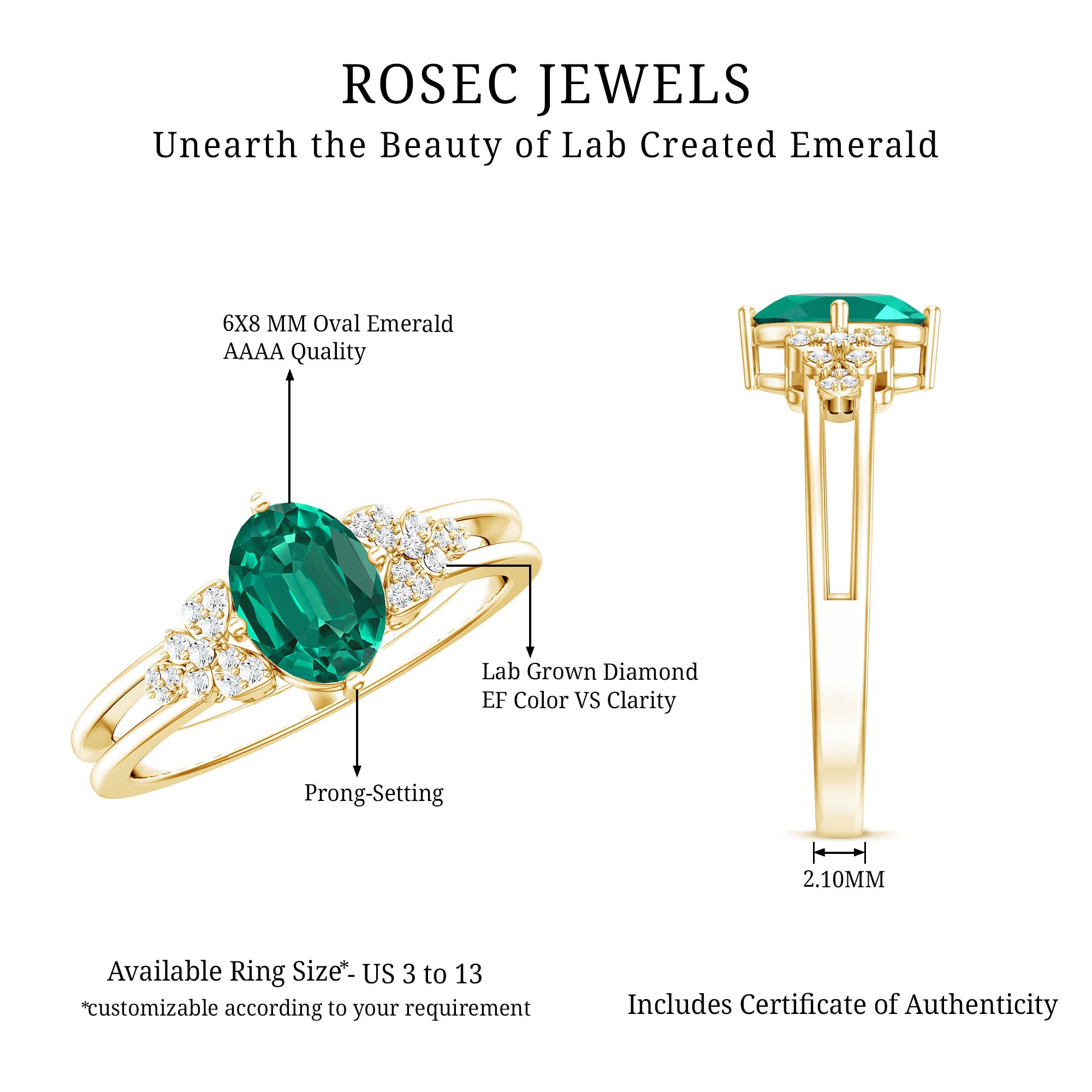 Designer Lab Grown Emerald Engagement Ring AAAA - Rosec Jewels