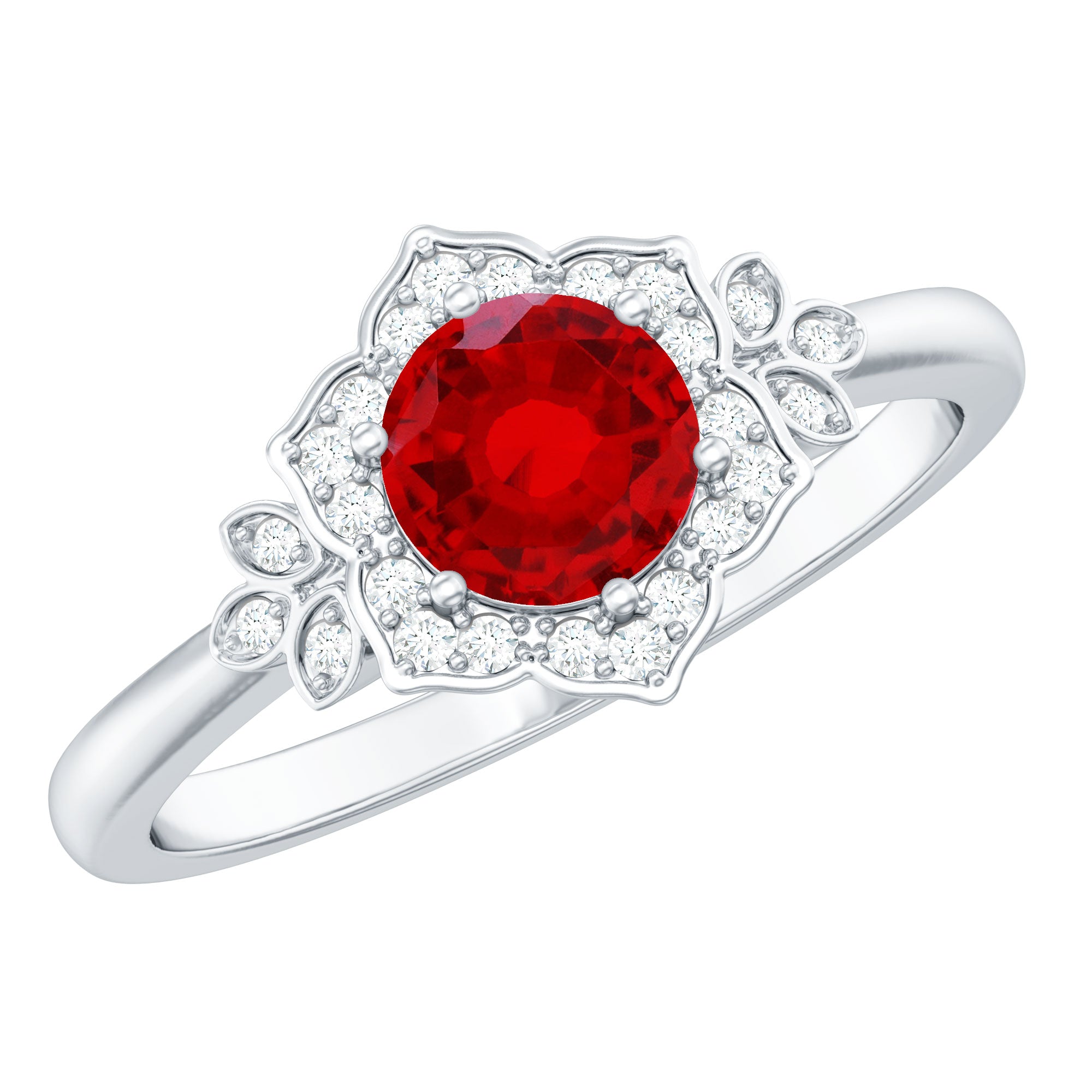 Lab Grown Ruby and Diamond Flower Engagement Ring AAAA - Rosec Jewels
