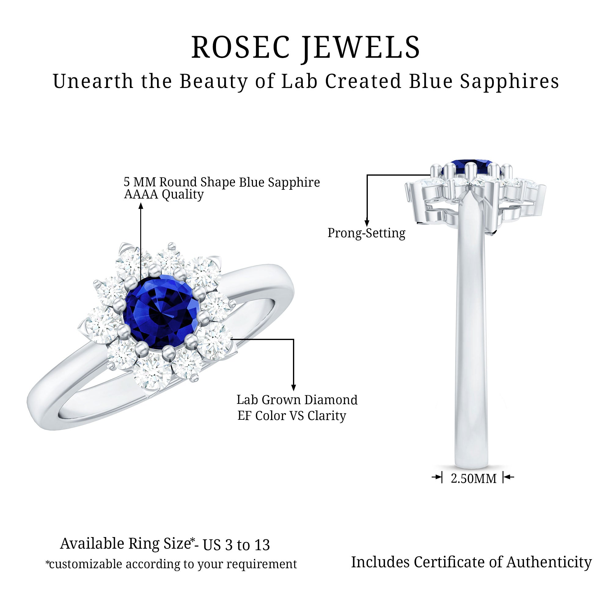 Natural Inspired 0.6 Carat Lab Grown Blue Sapphire Engagement Ring with Diamond Halo AAAA - Rosec Jewels