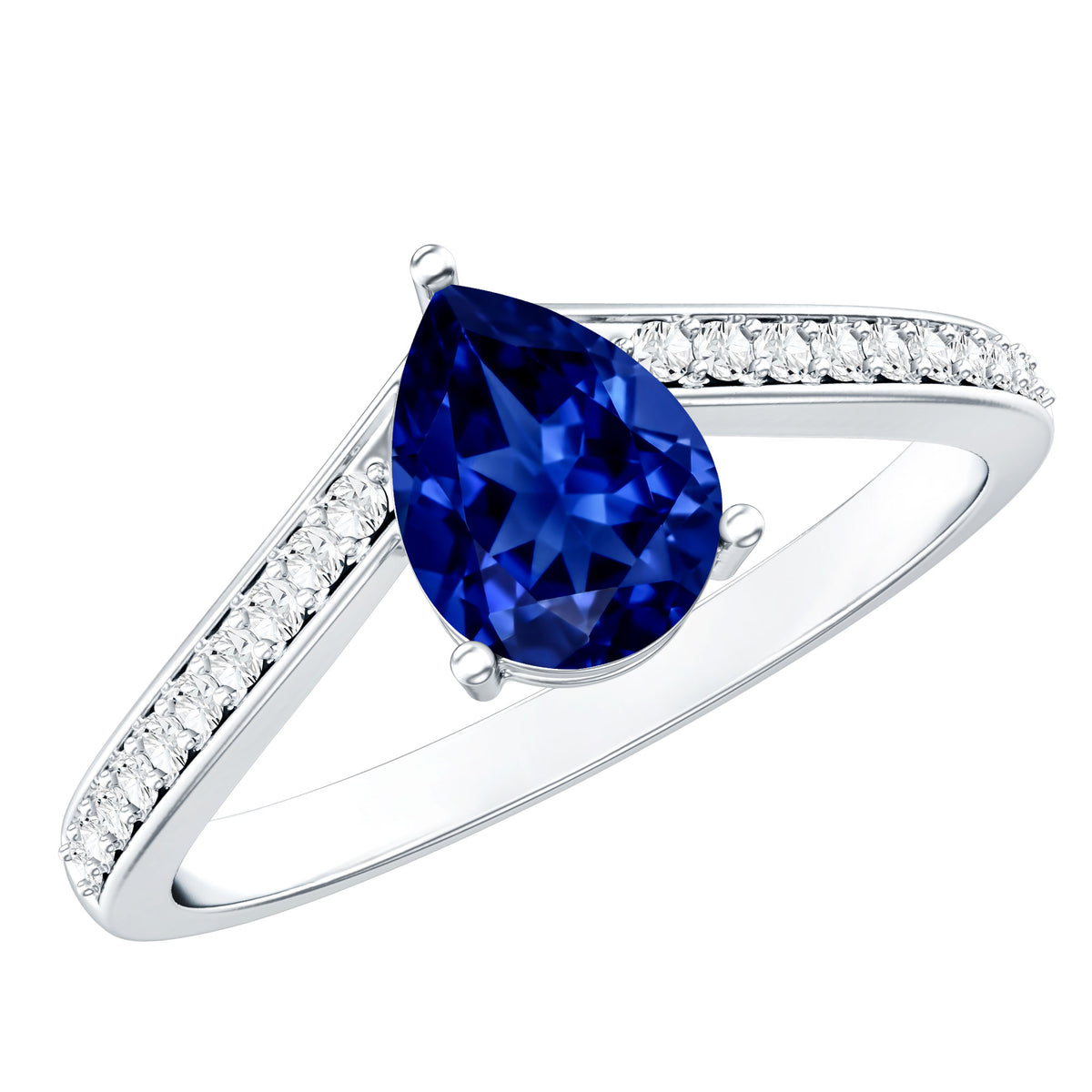 Certified 1.6 Carat Pear Shape Lab Grown Blue Sapphire Chevron Engagement Ring with Diamond AAAA - Rosec Jewels