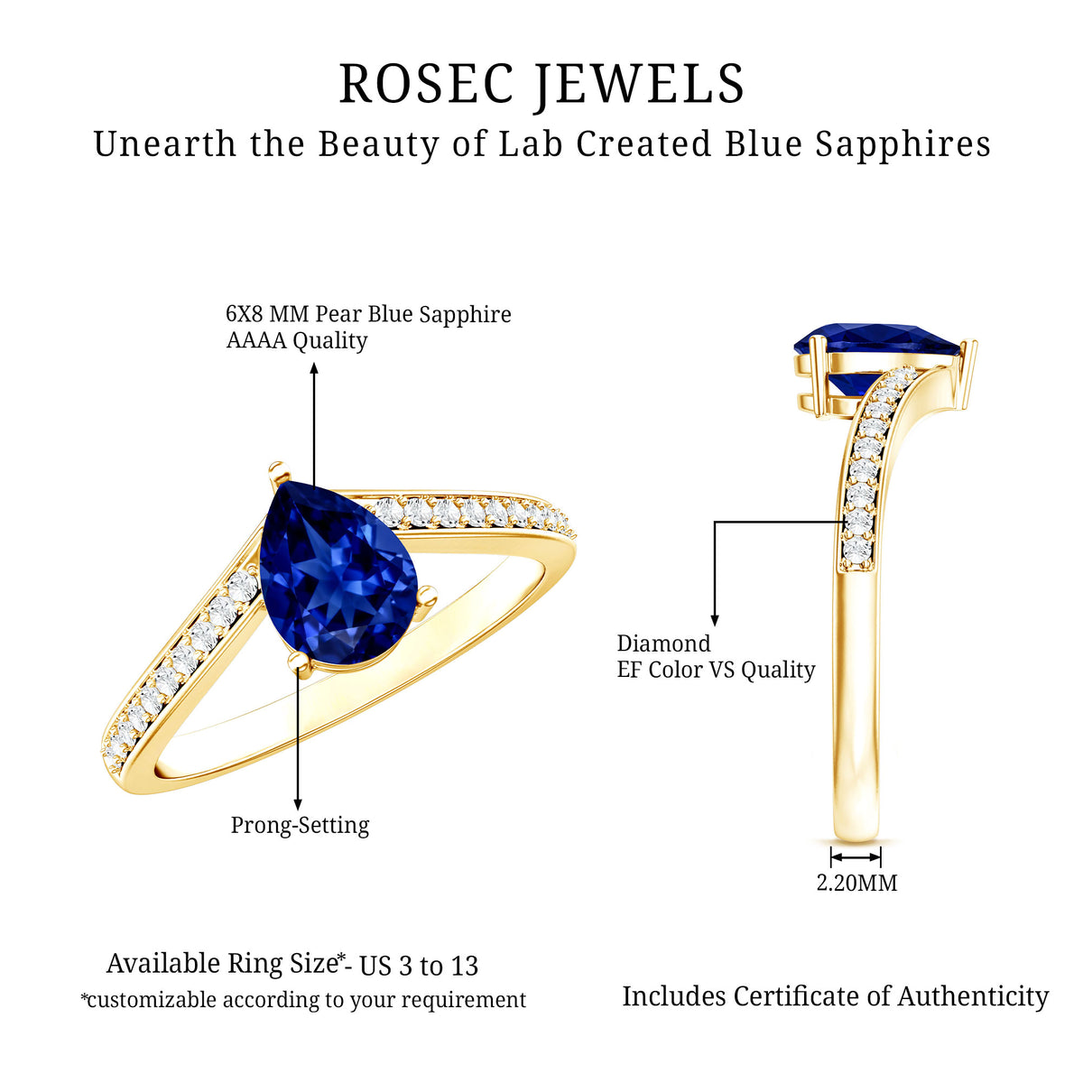 Certified 1.6 Carat Pear Shape Lab Grown Blue Sapphire Chevron Engagement Ring with Diamond AAAA - Rosec Jewels