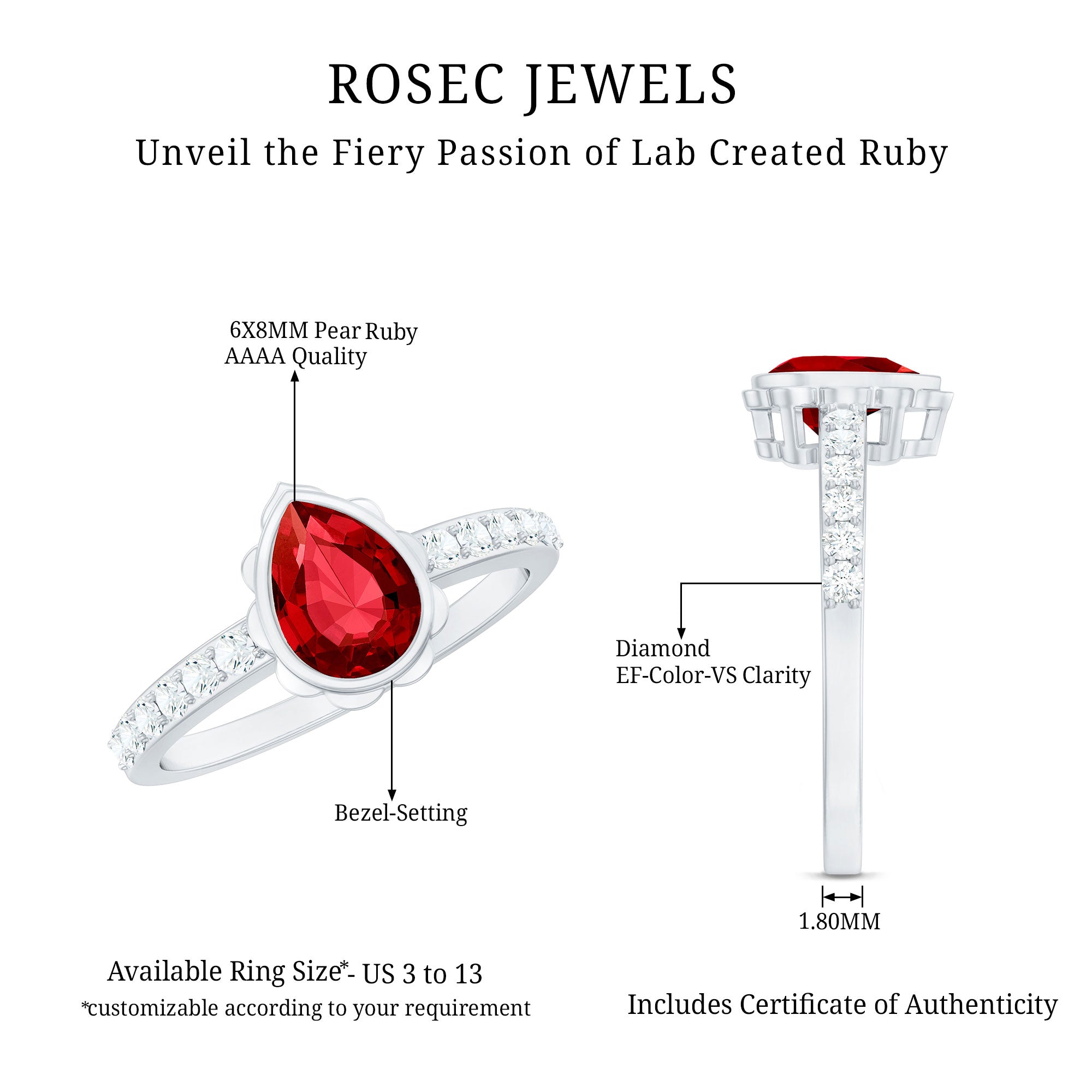Bezel Set Lab Grown Ruby Teardrop Engagement Ring AAAA - Rosec Jewels