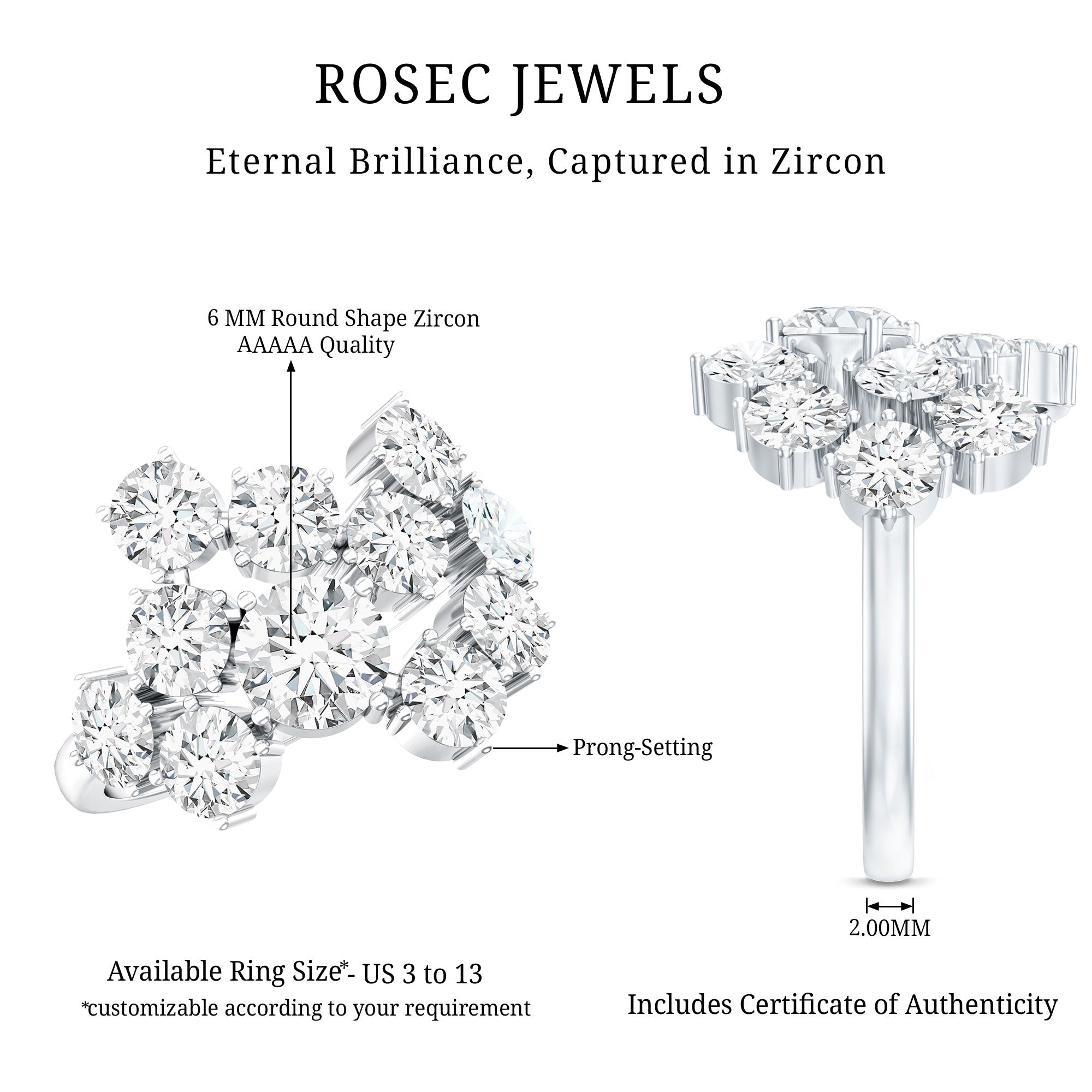 Certified Cubic Zirconia Cluster Engagement Ring in Silver AAAAA 92.5 Sterling Silver - Rosec Jewels