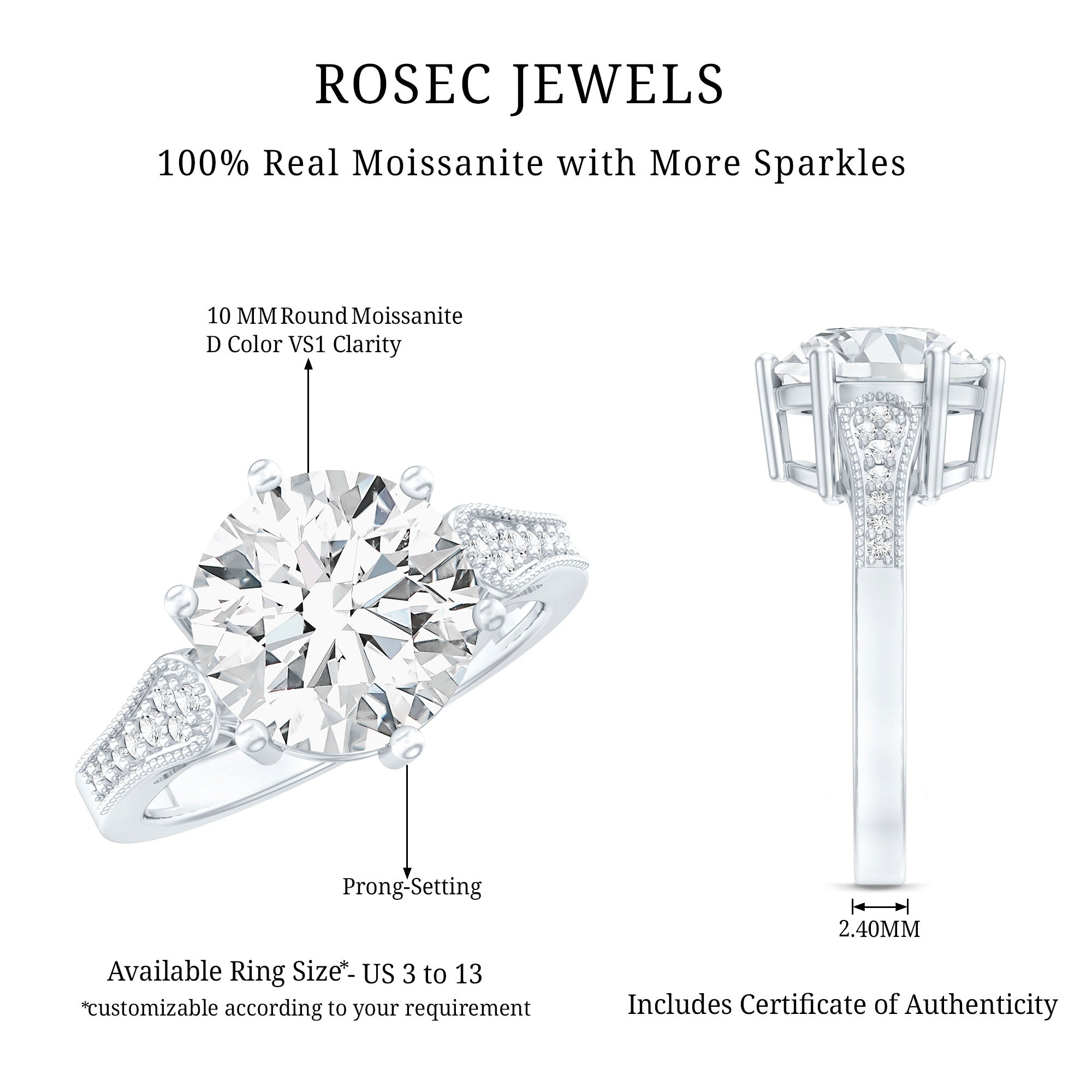 Certified 4.4 Carat Moissanite Round Engagement Ring in Silver D-VS1 92.5 Sterling Silver - Rosec Jewels