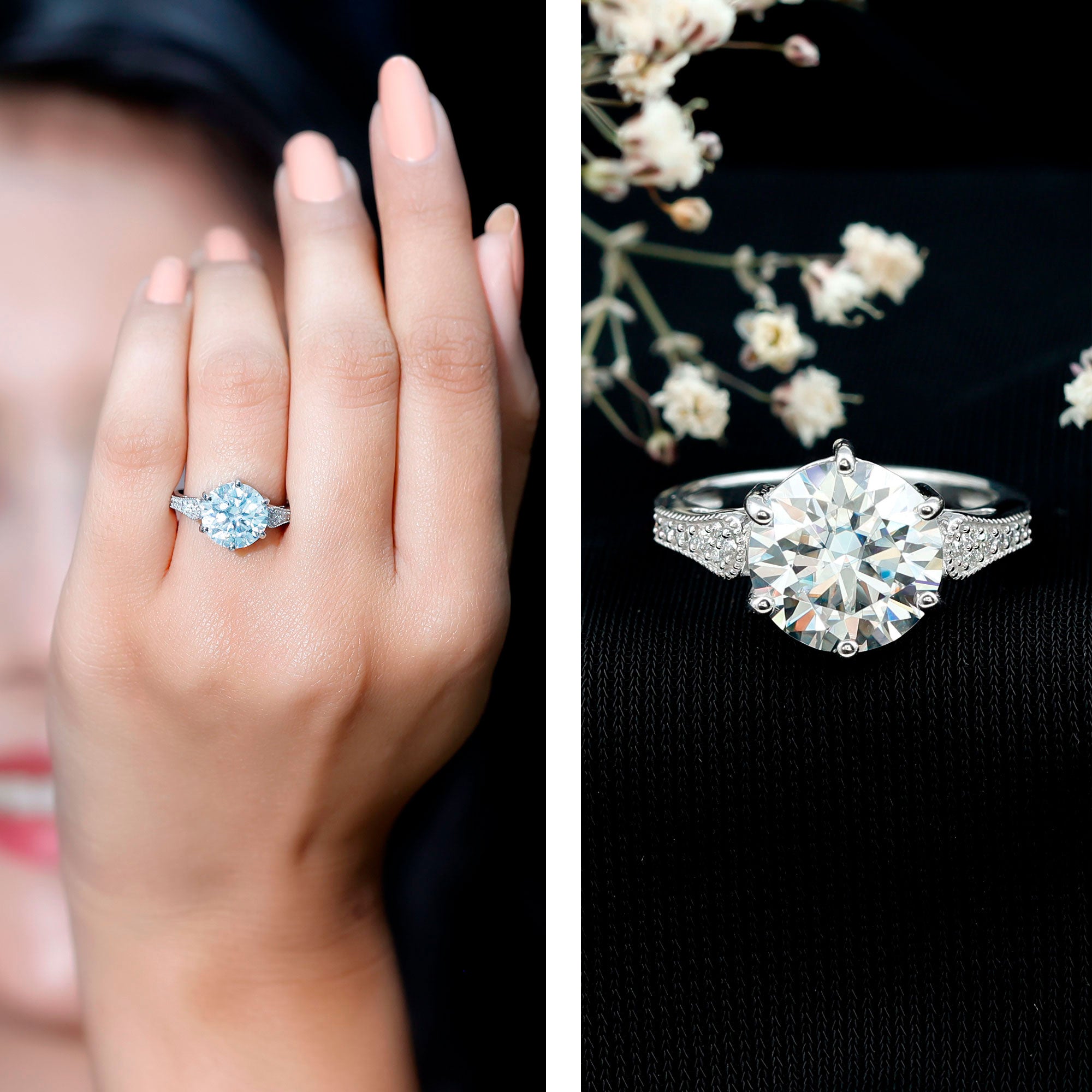 Certified 4.4 Carat Moissanite Round Engagement Ring in Silver D-VS1 92.5 Sterling Silver - Rosec Jewels
